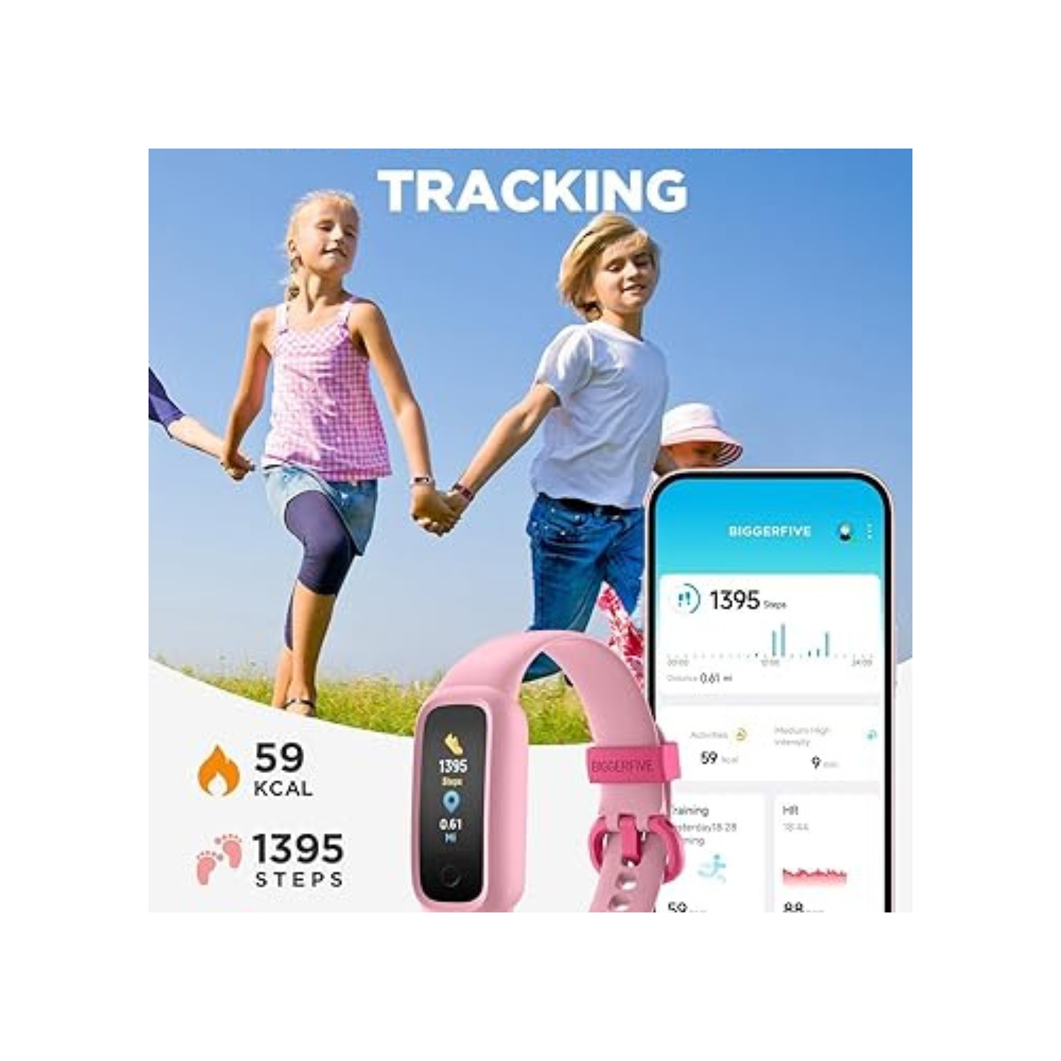 BIGGERFIVE Vigor 2 L Kids Fitness Tracker Watch for Boys Girls Ages 5-15, Activity Tracker, Heart Rate Sleep Monitor, IP68 Waterproof, Pedometer,