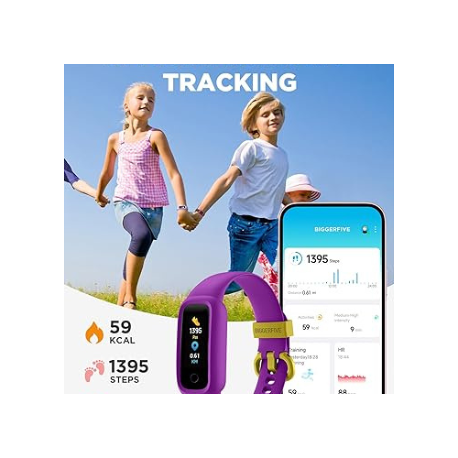 BIGGERFIVE Vigor 2 L Kids Fitness Tracker Watch for Boys Girls Ages 5-15, Activity Tracker, Heart Rate Sleep Monitor, IP68 Waterproof, Pedometer,