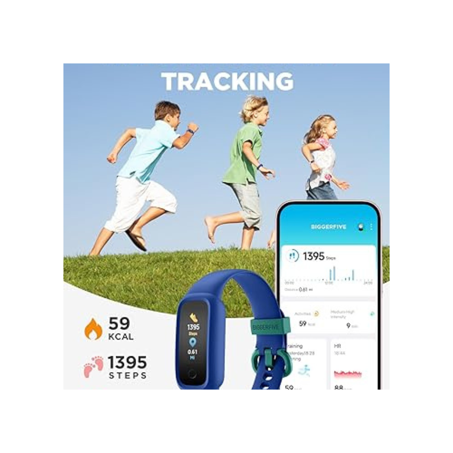 BIGGERFIVE Vigor 2 L Kids Fitness Tracker Watch for Boys Girls Ages 5-15, Activity Tracker, Heart Rate Sleep Monitor, IP68 Waterproof, Pedometer,