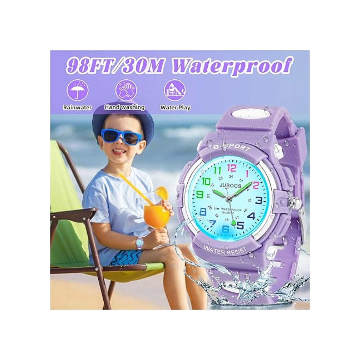 Juboos Kids Watch Analog with 7 Colorful Night Lights Boys Girls Waterproof Soft Strap Kids Time Teaching Quartz Wristwatch for Ages 5-18, Kids Gifts