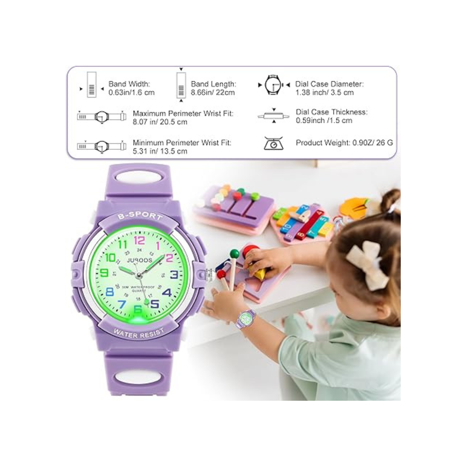 Juboos Kids Watch Analog with 7 Colorful Night Lights Boys Girls Waterproof Soft Strap Kids Time Teaching Quartz Wristwatch for Ages 5-18, Kids Gifts