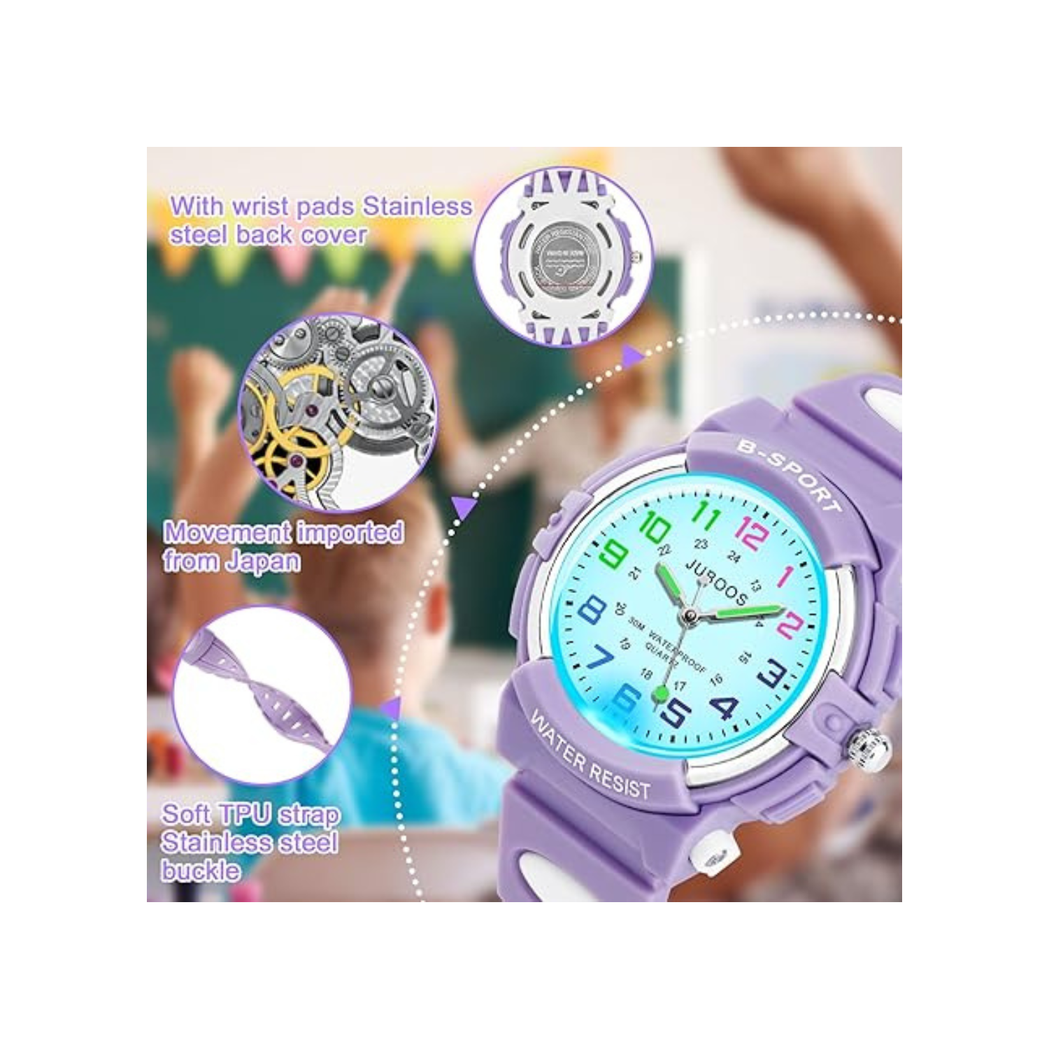 Juboos Kids Watch Analog with 7 Colorful Night Lights Boys Girls Waterproof Soft Strap Kids Time Teaching Quartz Wristwatch for Ages 5-18, Kids Gifts