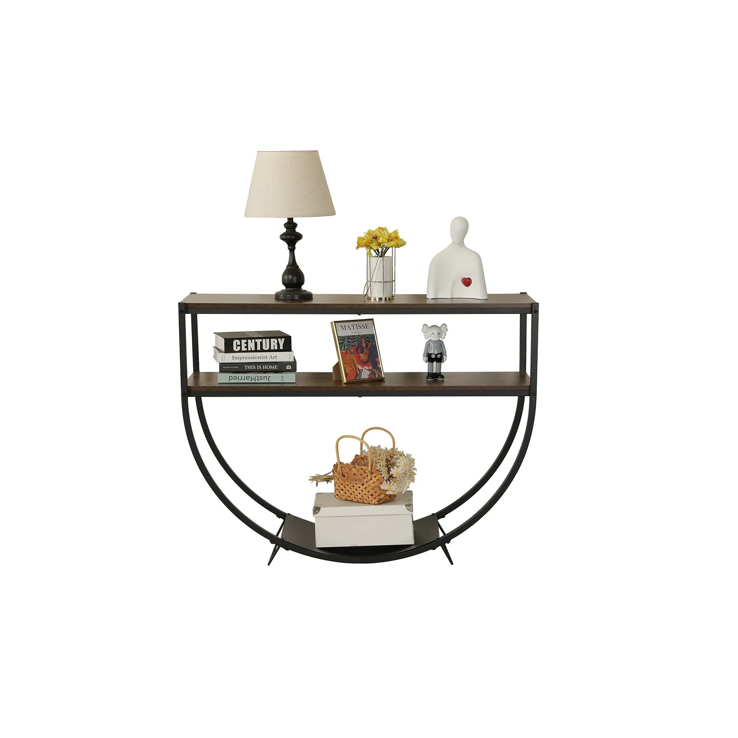 U-HOMY 48L x 15W x 34H inch Modern Arc-Shaped Console Table with Storage Shelves - Black