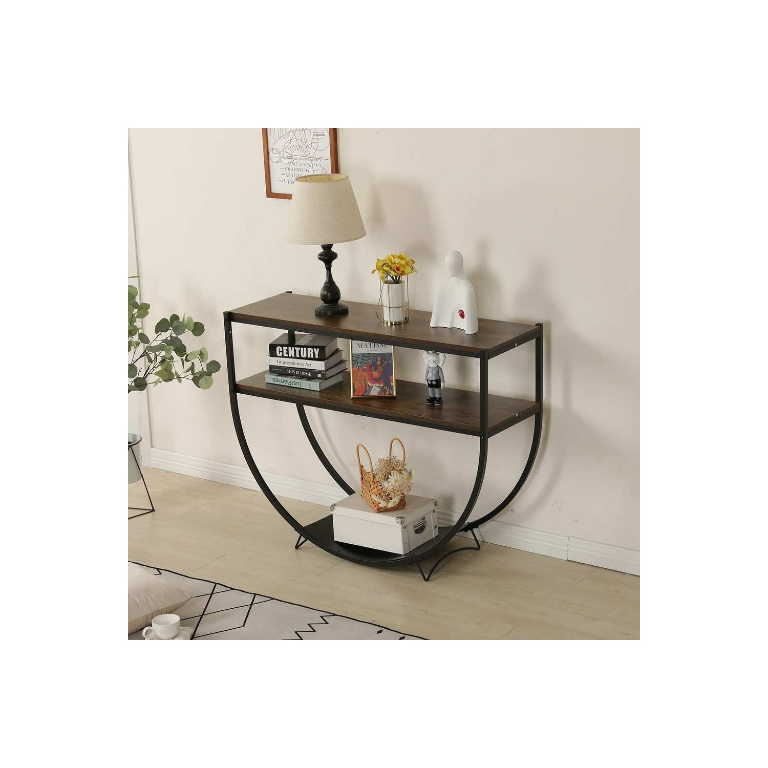 U-HOMY 48L x 15W x 34H inch Modern Arc-Shaped Console Table with Storage Shelves - Black