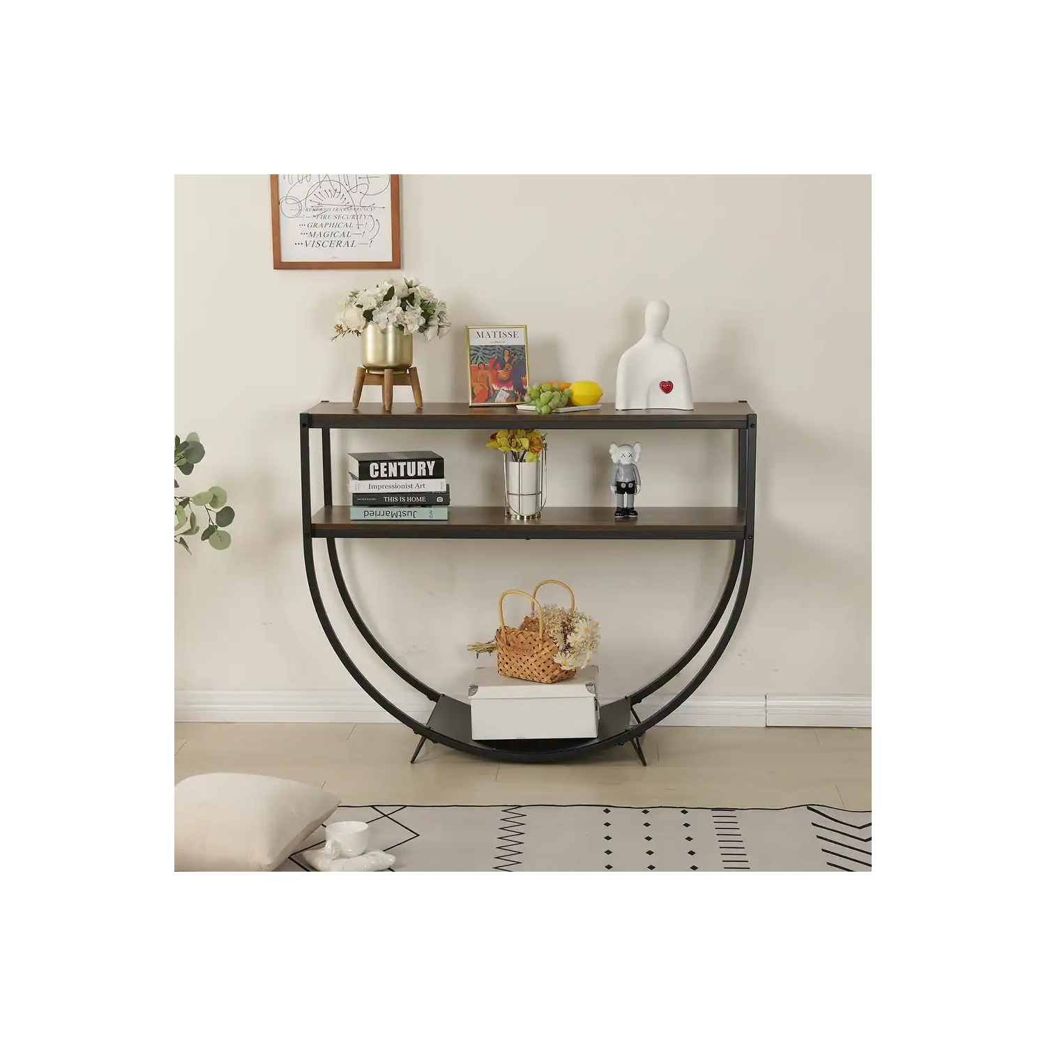 U-HOMY 48L x 15W x 34H inch Modern Arc-Shaped Console Table with Storage Shelves - Black