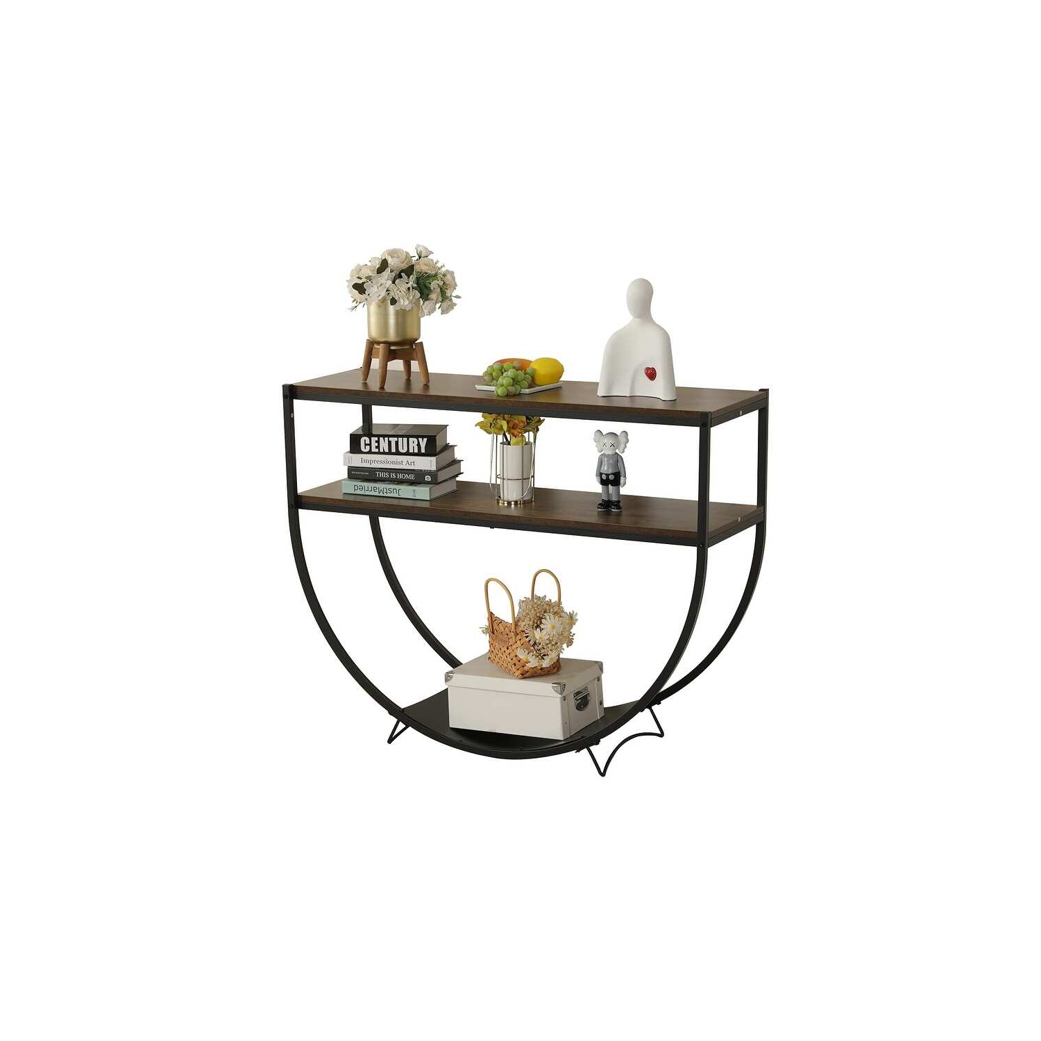U-HOMY 48L x 15W x 34H inch Modern Arc-Shaped Console Table with Storage Shelves - Black