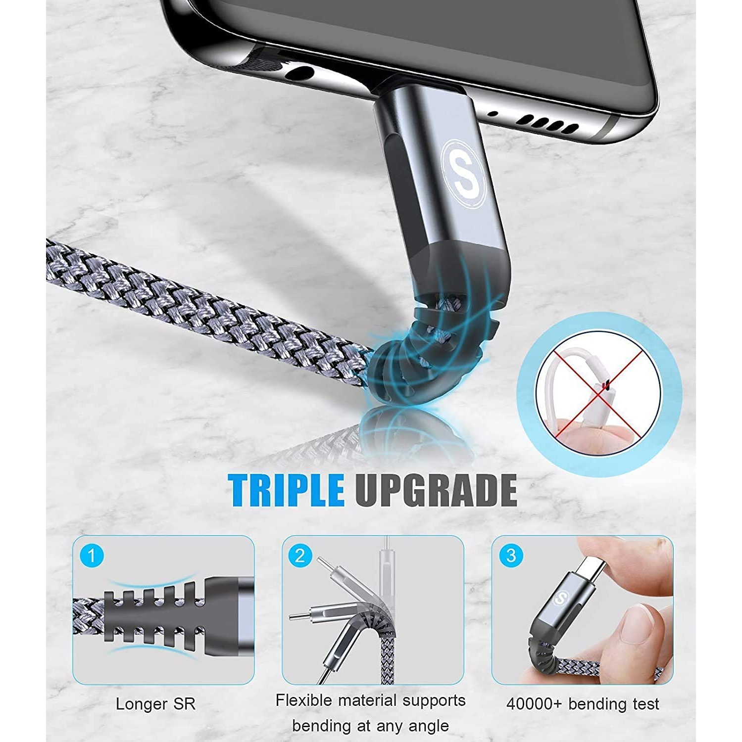 Câble USB de type C à chargement rapide [Paquet de 3, 3.3&nbsp;pi+6.6&nbsp;pi+6.6&nbsp;pi], chargeur USB-A à USB-C pour iPhone 16/15 Pro Max, cordon