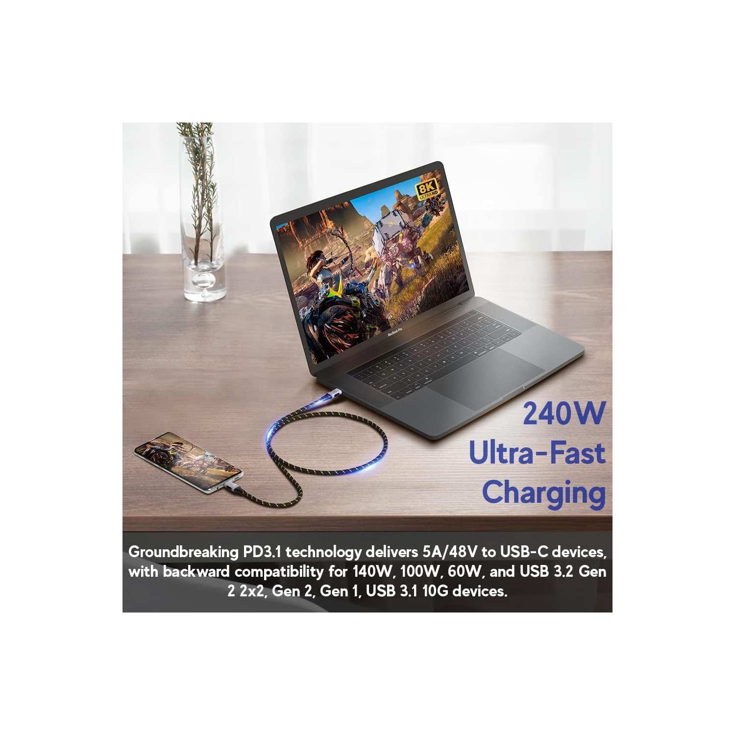 - USB 4.0 240W 40Gbps Type-C Thunderbolt 4 Cable [1.8m] 8K@60hz Video Super-Fast Data Charging Durable Sleeved
