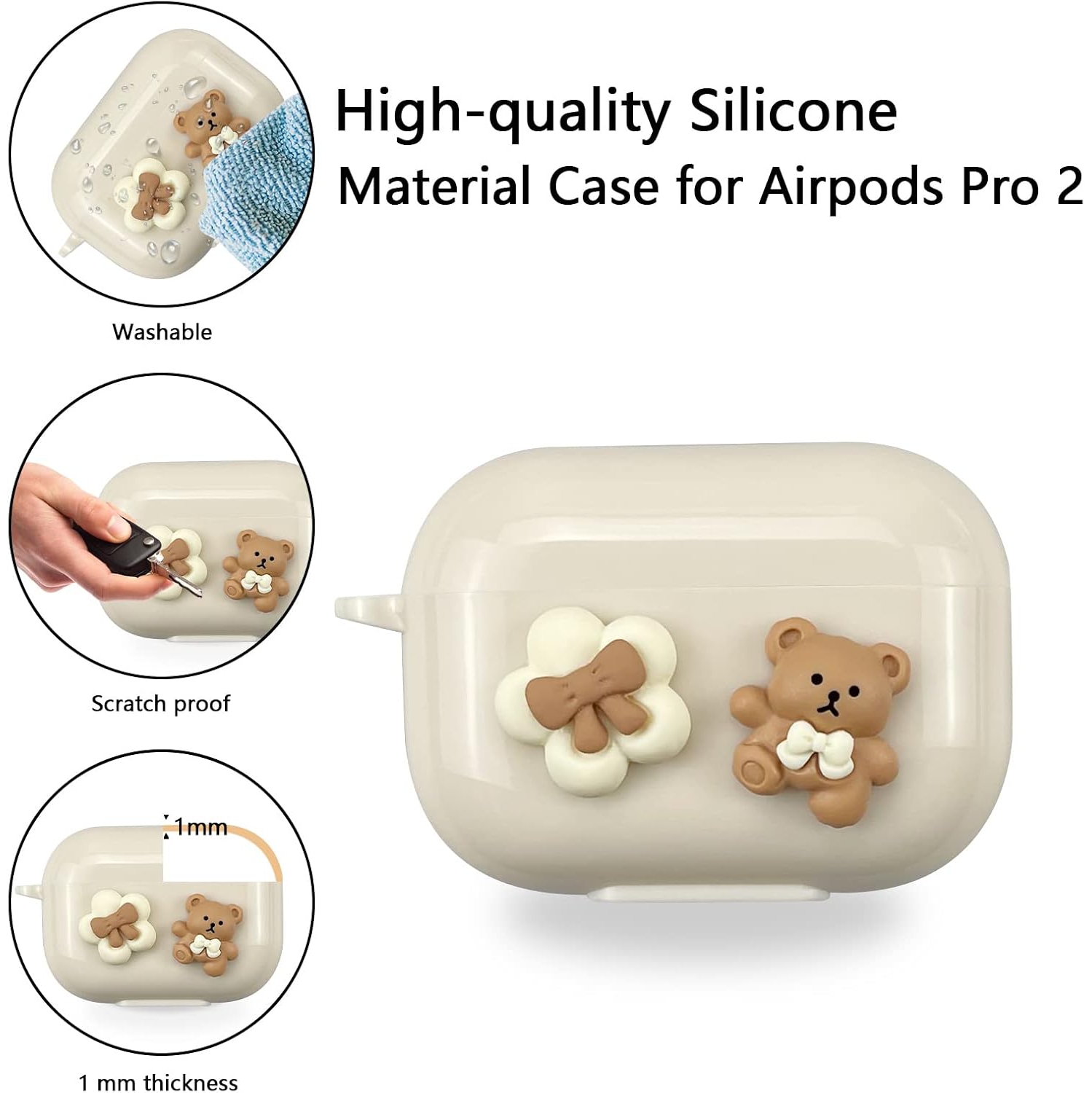 Cute Kawaii AirPods Pro 2 Case Cover, Lovely Flower Bear Design Smooth Soft Protective Cover for AirPod Pro 2nd