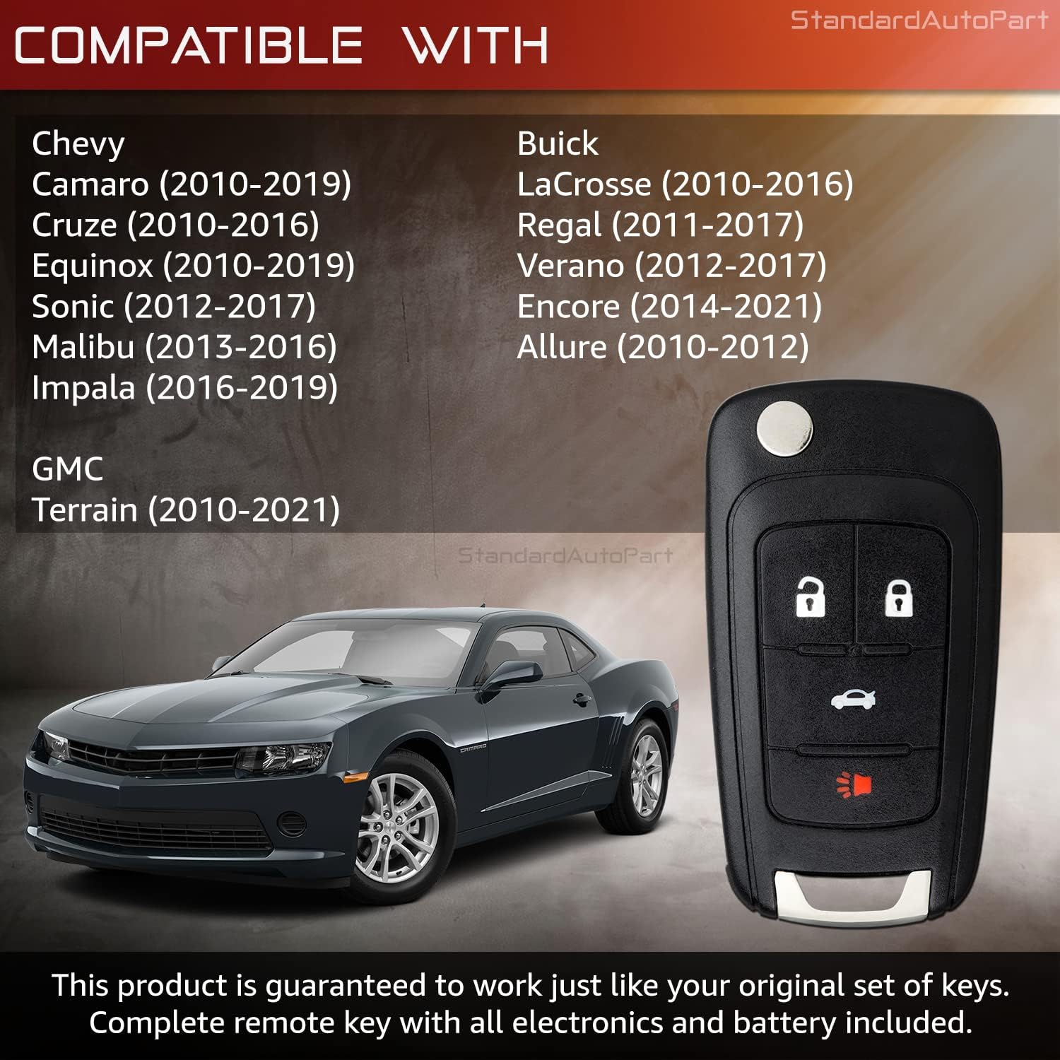 4 Button Flip Key fob Compatible with Chevy Cruze Equinox Sonic Malibu Impala Camaro Terrain Lacrosse