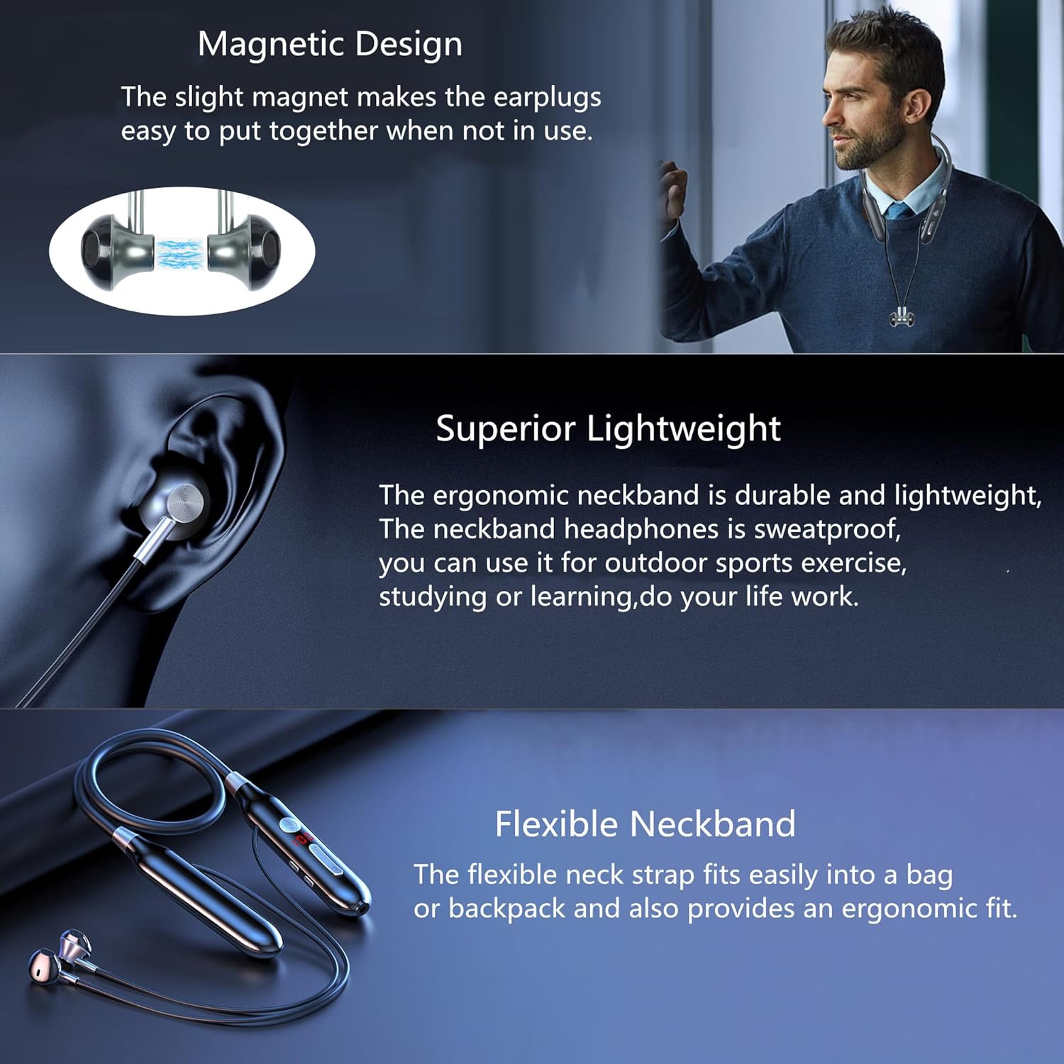 Bluetooth Headphones, Neck Bluetooth Headphone Sweat Resistant Earphones Noise Cancelling Stereo Volume