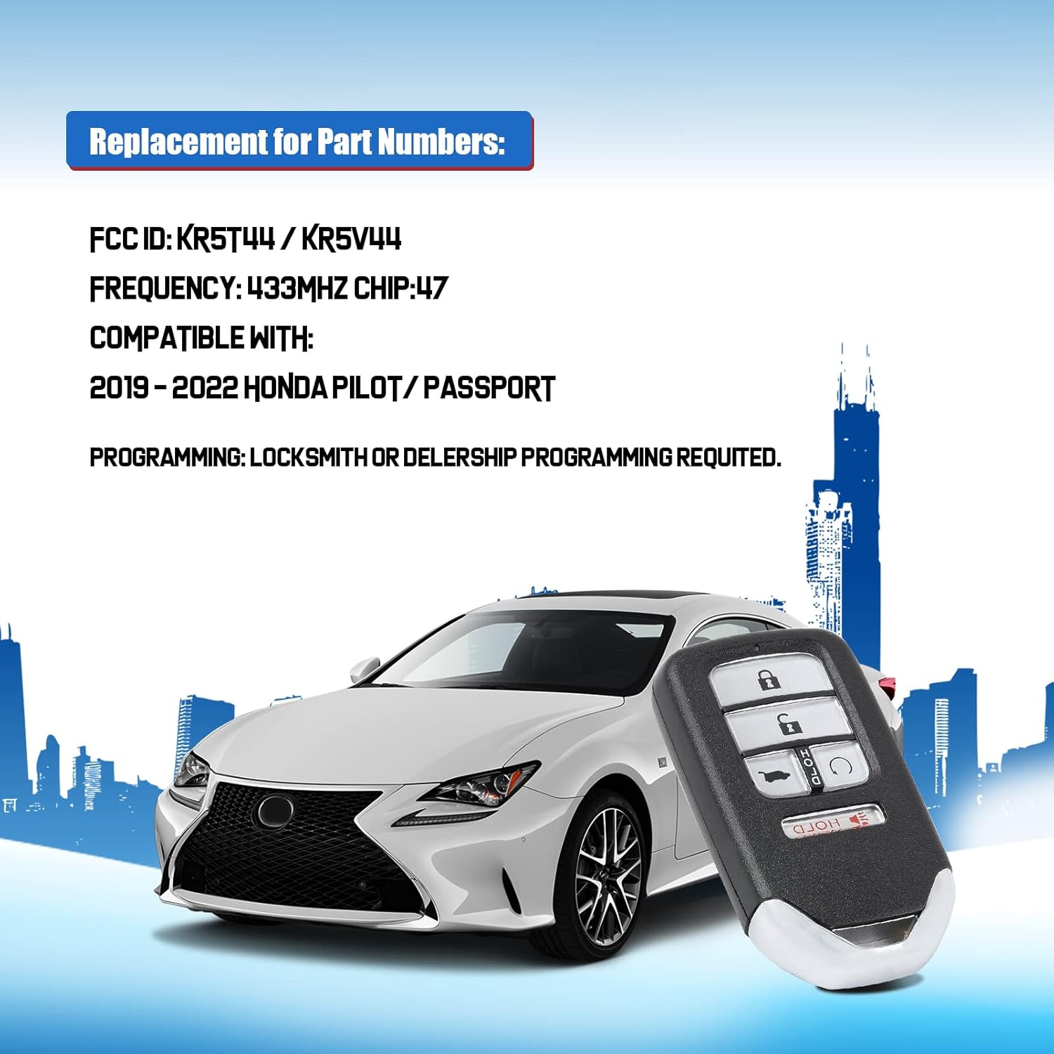 5BTN Car Key Fob Replacement for 2019/2020/2021/2022 Honda Pilot/ Pport with FCC ID:KR5T44 / KR5V44 433Mhz