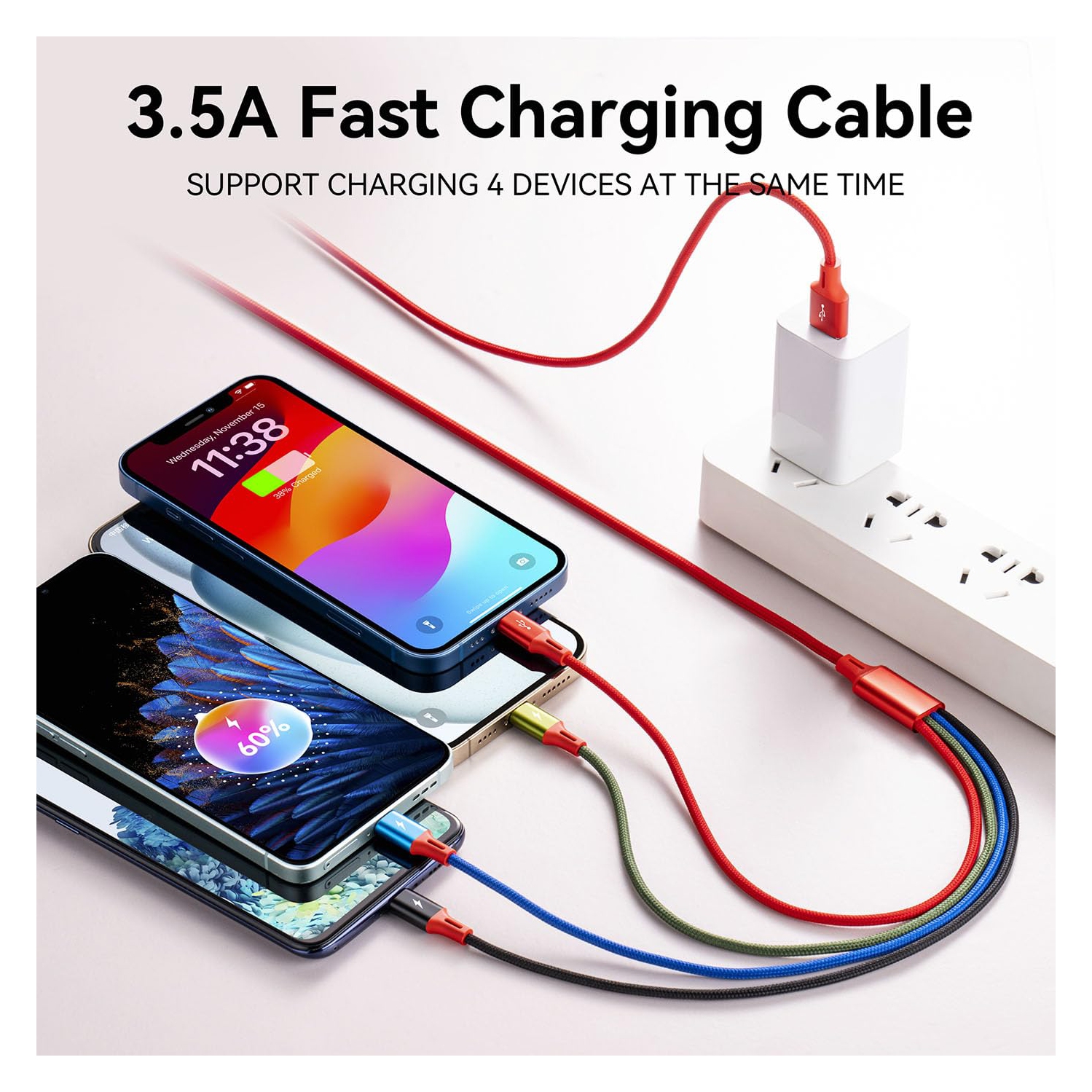 Multi USB Charging Cable 4A, 4-in-1 Charger Cord with USB C/ro USB Port Adapter for Phone/Tablets/Samsung