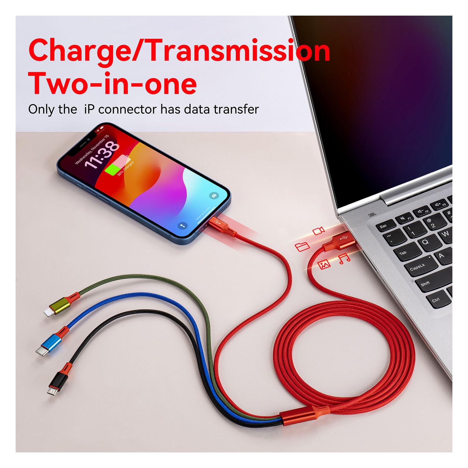 Multi USB Charging Cable 4A, 4-in-1 Charger Cord with USB C/ro USB Port Adapter for Phone/Tablets/Samsung