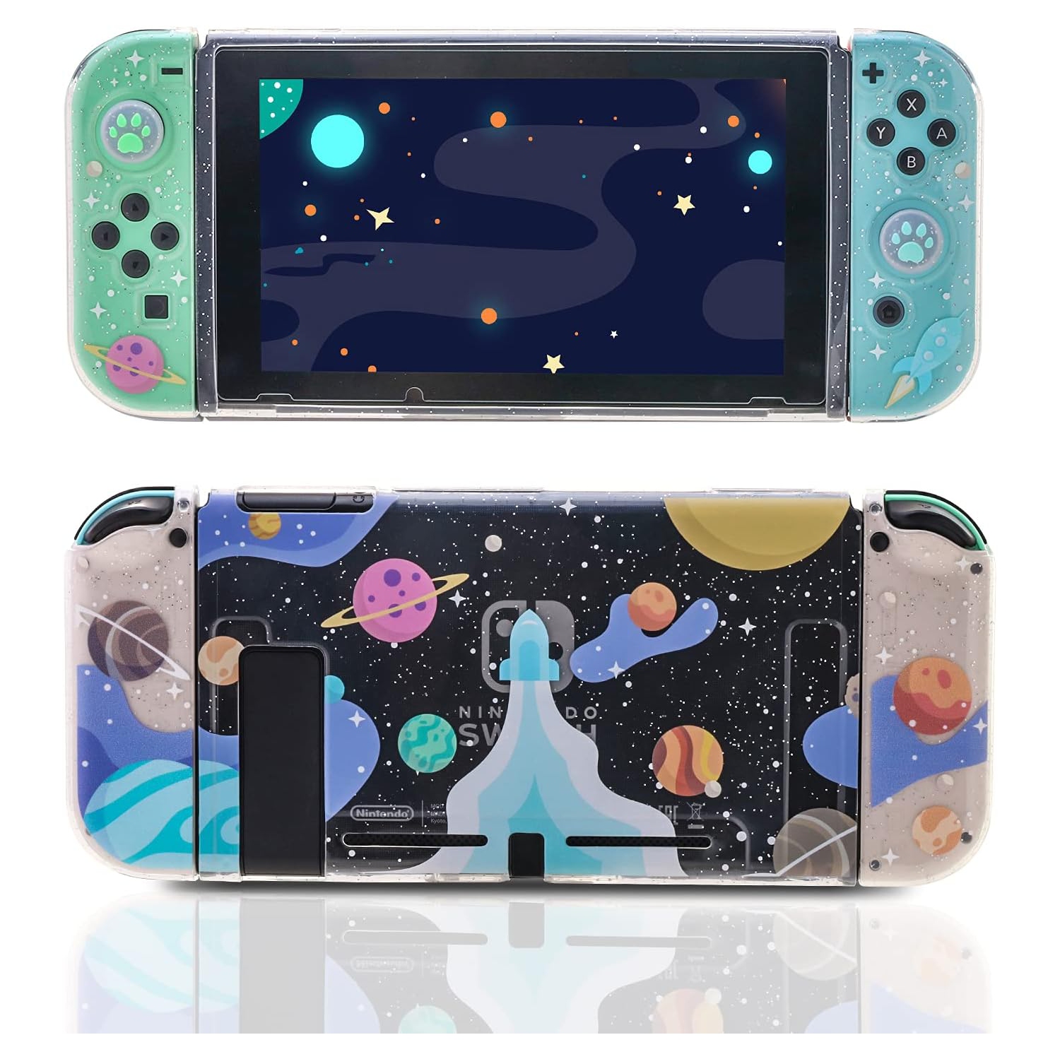Étui transparent à paillettes Switch, étui en TPUR Switch, étui de protection Switch avec capuchons antidérapants Animal Crossing et verre trempé