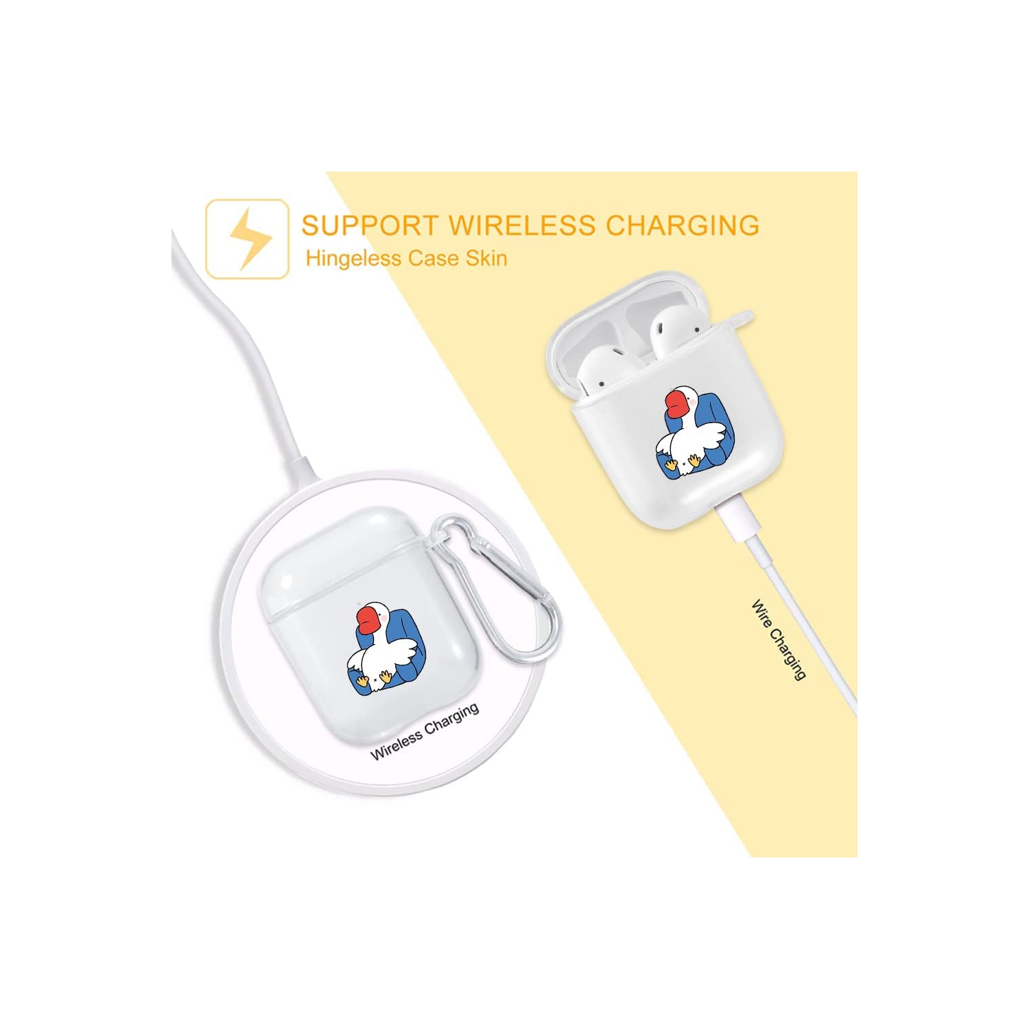 Cute Case for Airpods 1 &2, Transparent Clear Protective Soft TPU Cover, Duck Pattern Design Animal Fun Cases