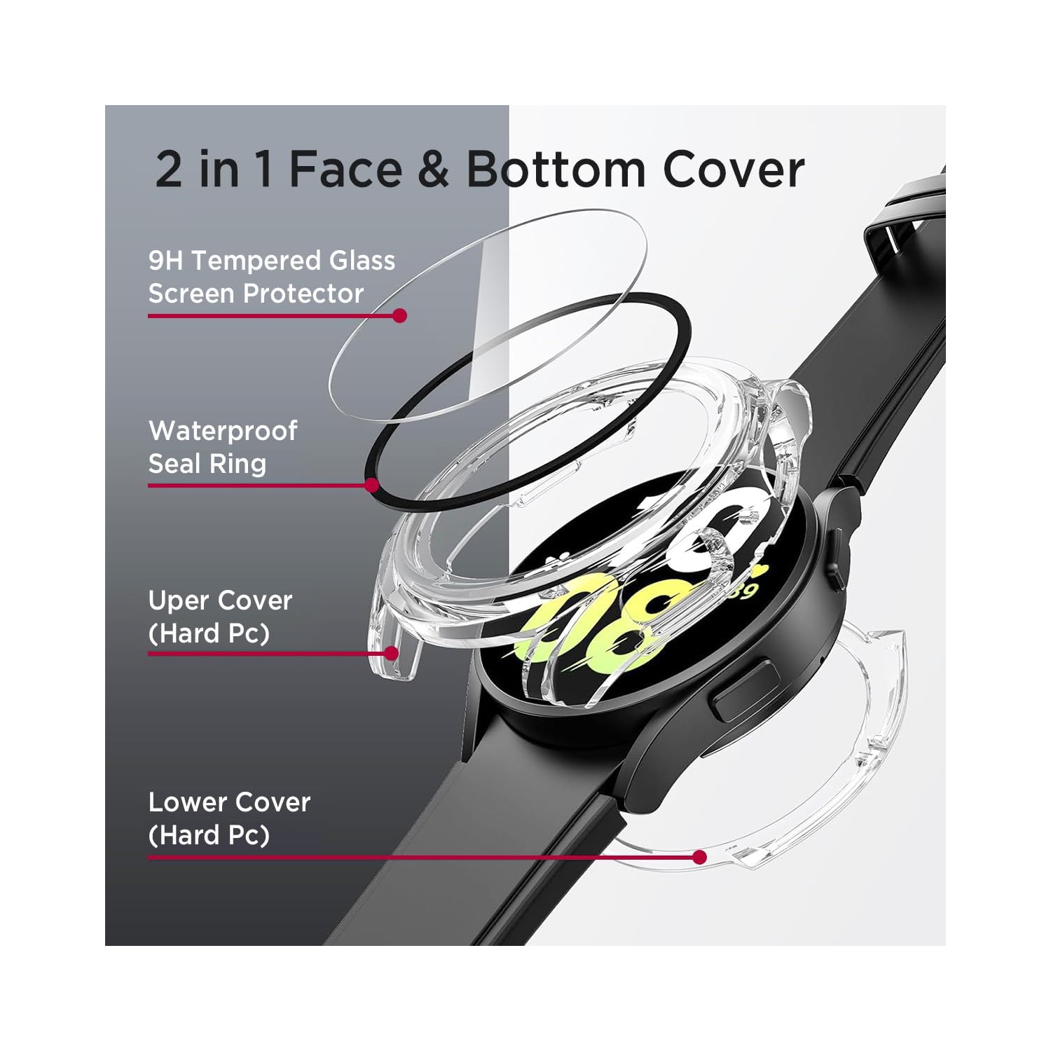 Waterproof Case for Samsung Galaxy Watch 6 44mm,Hard PC Cover with Tempered Gl Screen Protector, Full