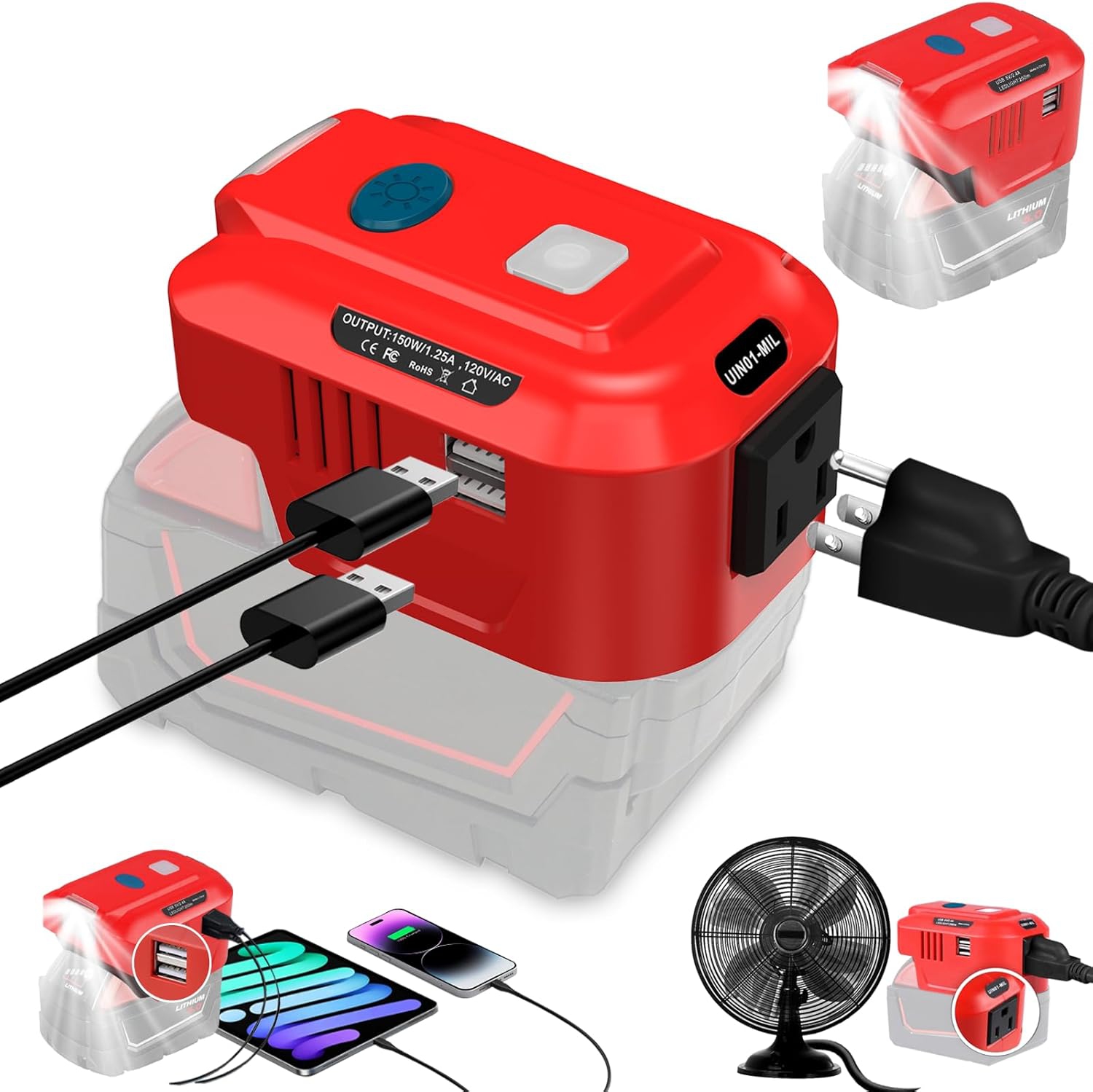 150W Power Supply Inverter for Milwaukee M18 18V y, DC 18V to AC 120V USB Phone Charger Adapter Top Off