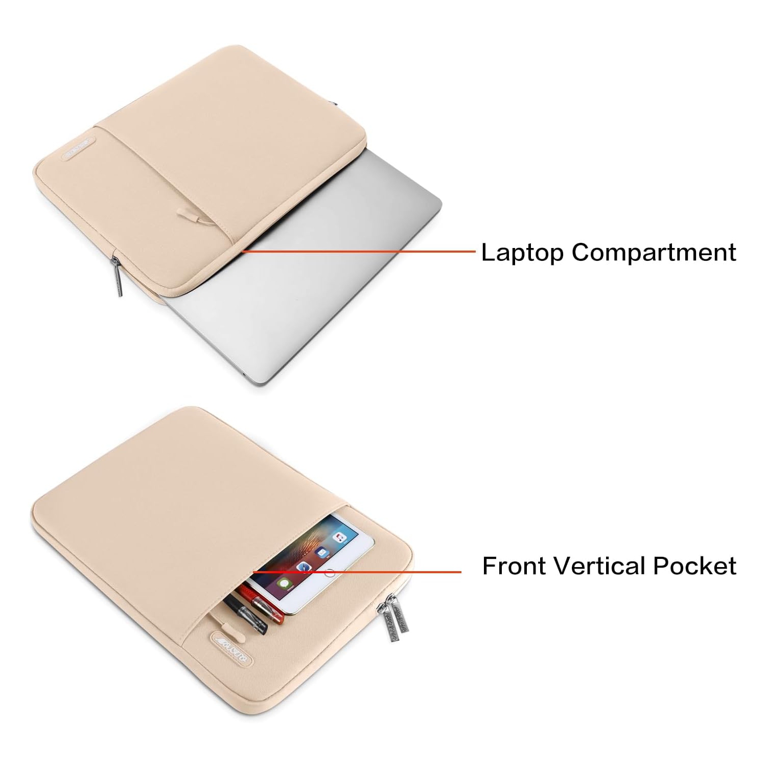 Laptop Sleeve Bag Compatible with Laptop 13.3 inch, Polyester Vertical Case with Pocket, Apricot