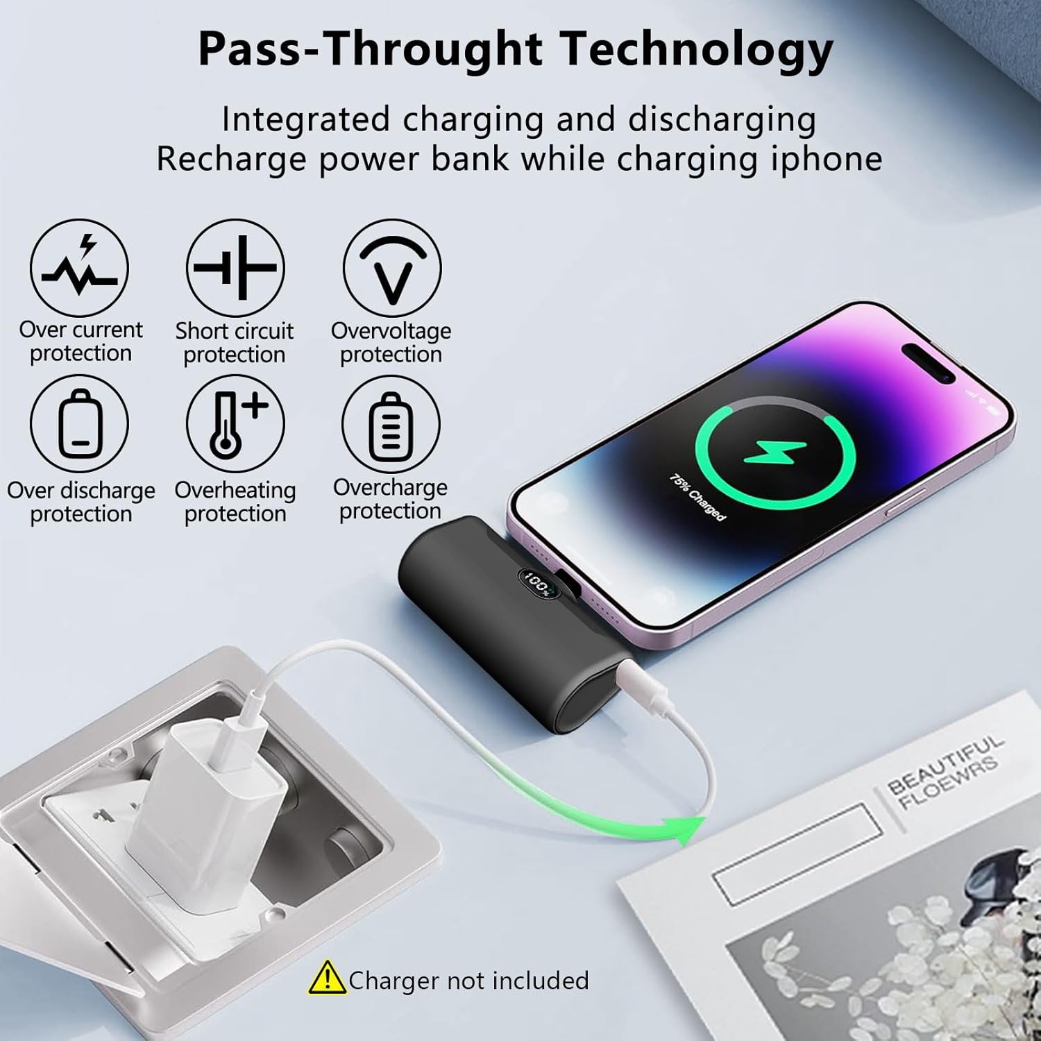 Portable Charger for iPhone with Phone Holder,5000mAh Ultra Compact Small Power Bank with Display,Mini