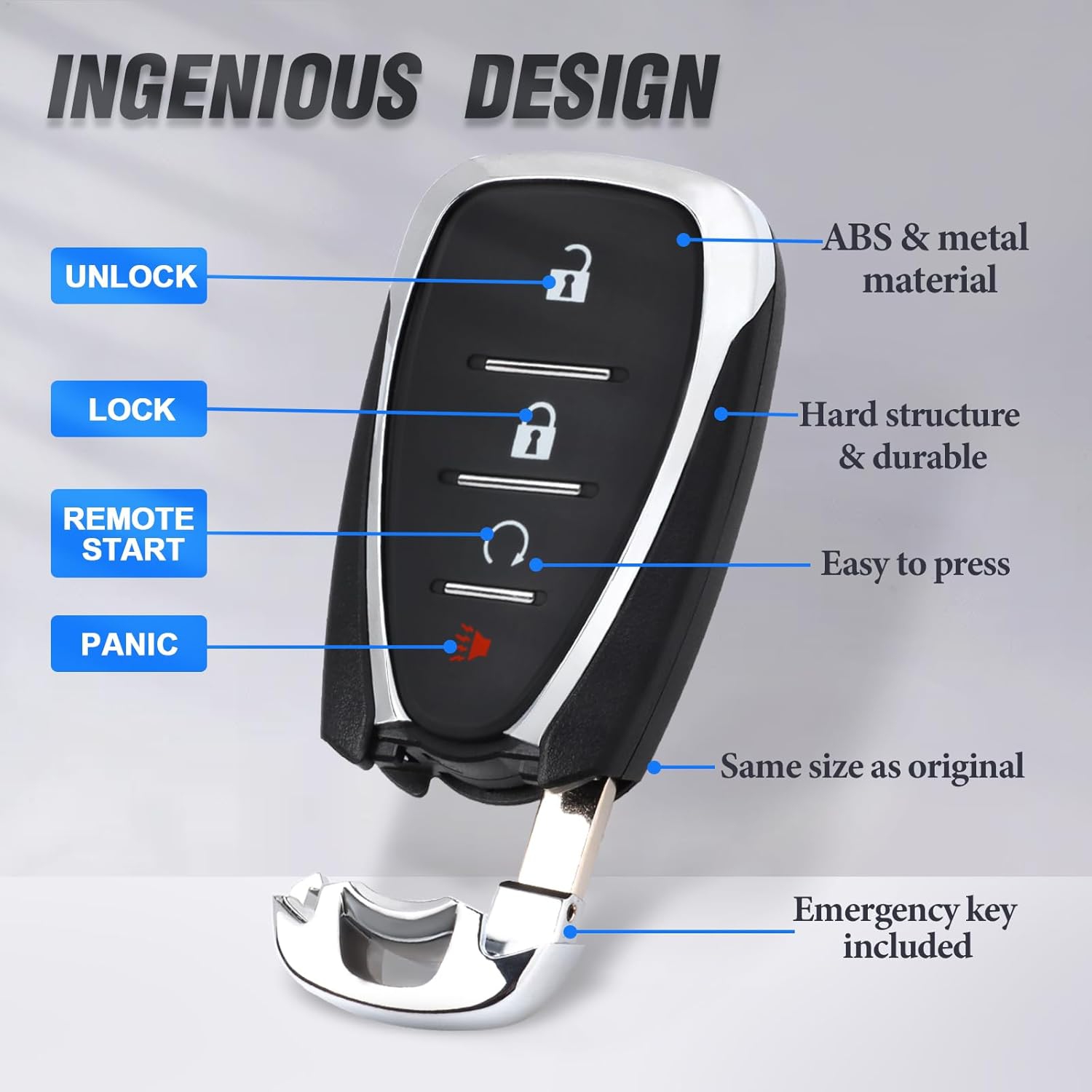 Remplacement de la coque de l'étui de porte-clés d'entrée de clé de voiture avec clé d'urgence non coupée 4 boutons pour Chevrolet Cruze