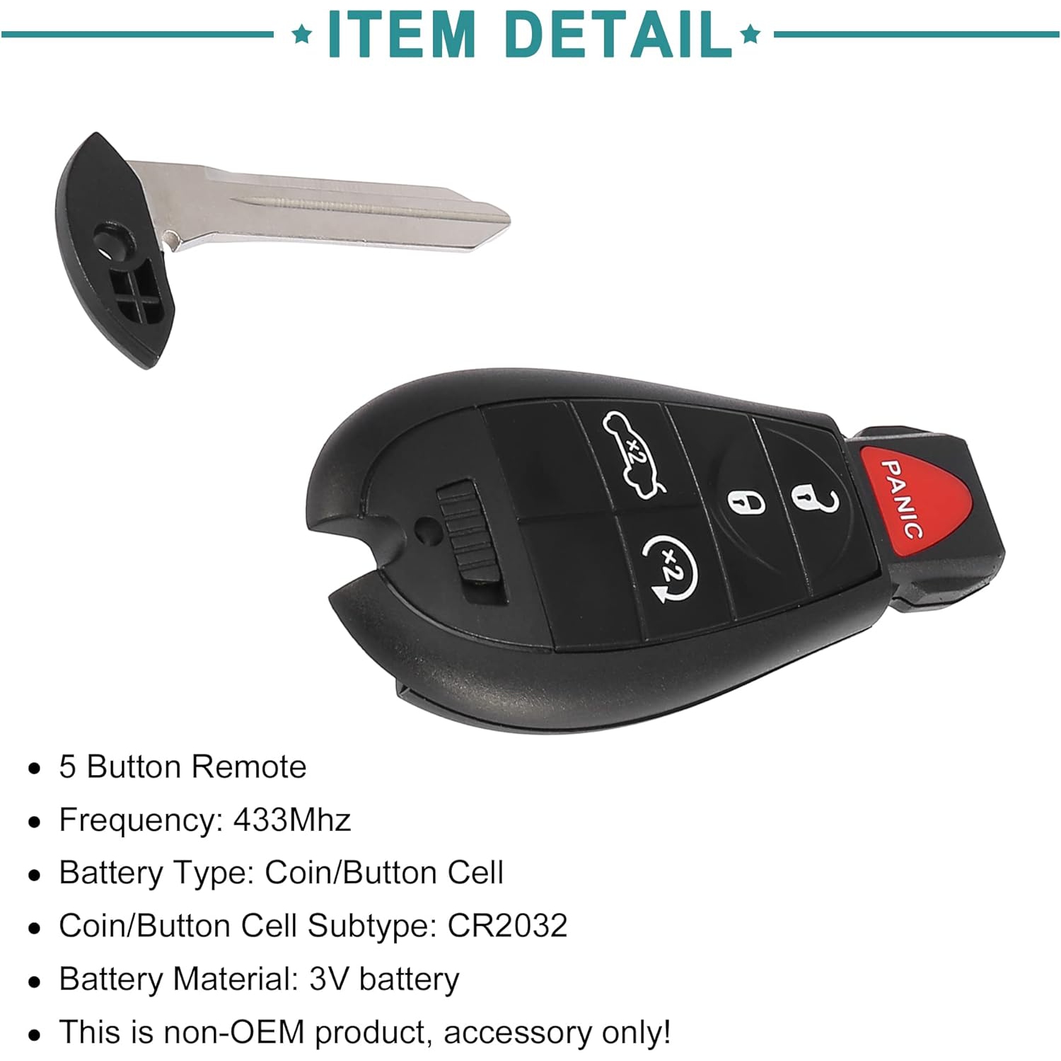 Car Key Fob Keyless Entry Remote Replacement Fit for Dodge - Pack of 1 Black