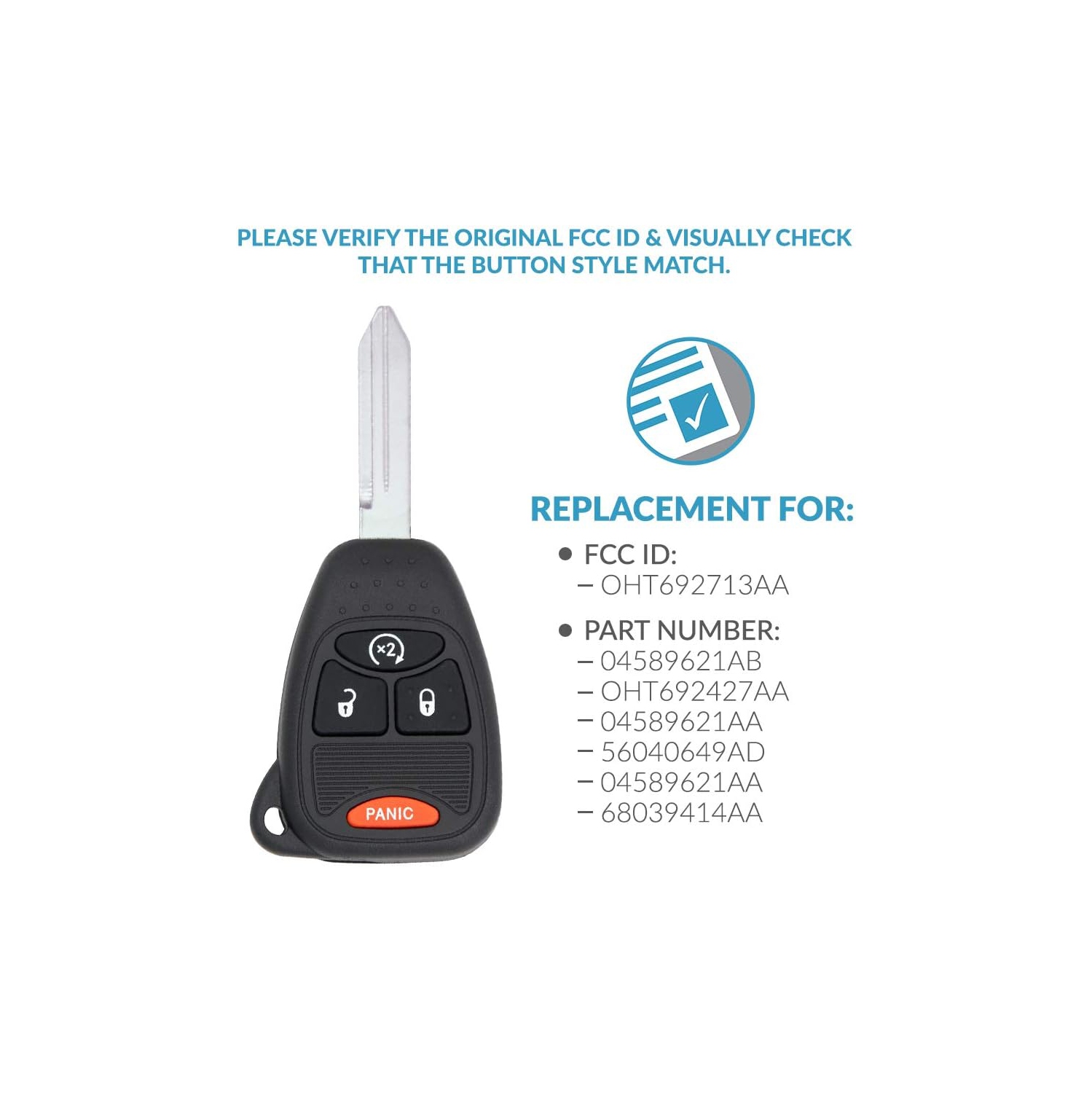 Keyless Entry Remote Car Key Replacement for Vehicles That Use 4 Button OHT692713AA - 2 Pack