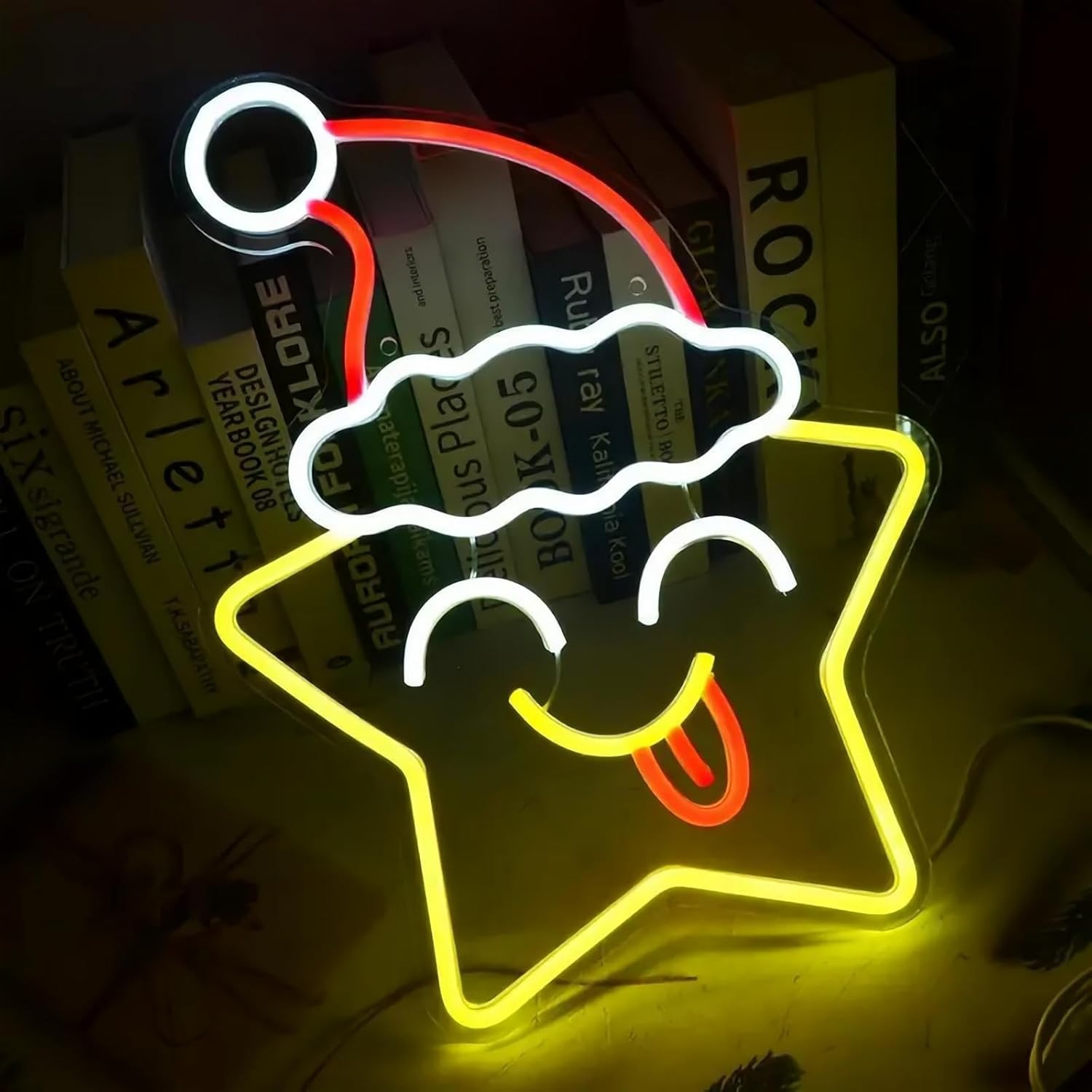 Festive Star & Christmas Hat LED Neon Sign for Wall Decor Falling Star Jump Led Lights for Gaming Room Kids Room Man Cave Bedroom Birthday Party