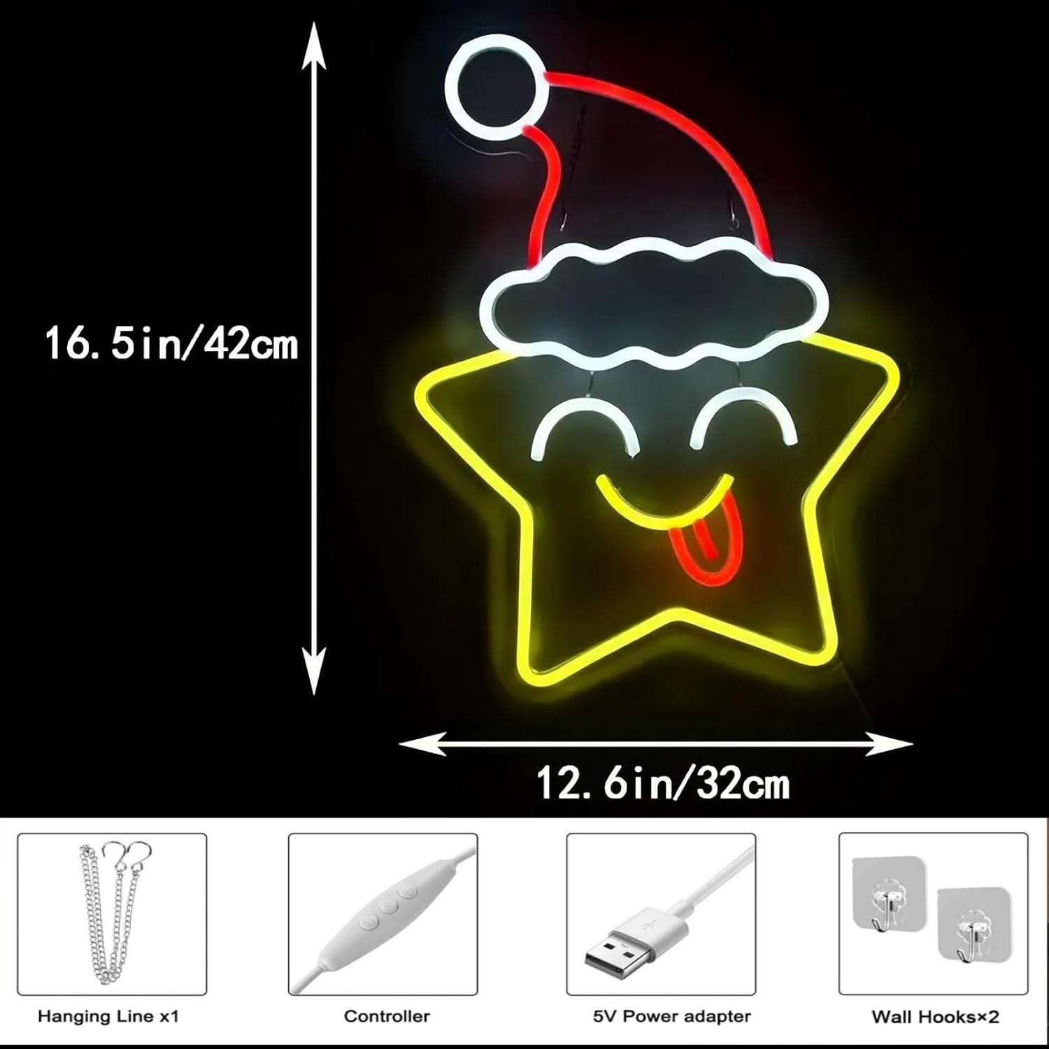 Festive Star & Christmas Hat LED Neon Sign for Wall Decor Falling Star Jump Led Lights for Gaming Room Kids Room Man Cave Bedroom Birthday Party