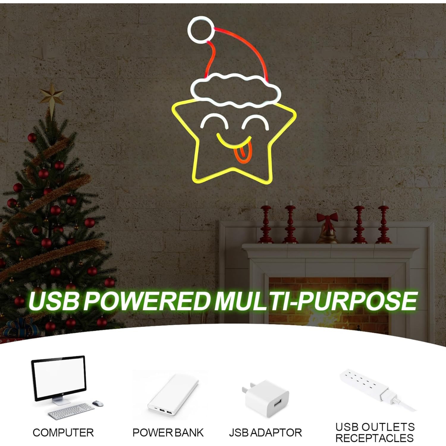 Festive Star & Christmas Hat LED Neon Sign for Wall Decor Falling Star Jump Led Lights for Gaming Room Kids Room Man Cave Bedroom Birthday Party