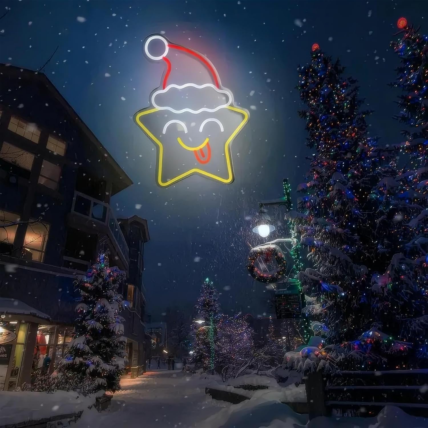 Festive Star & Christmas Hat LED Neon Sign for Wall Decor Falling Star Jump Led Lights for Gaming Room Kids Room Man Cave Bedroom Birthday Party