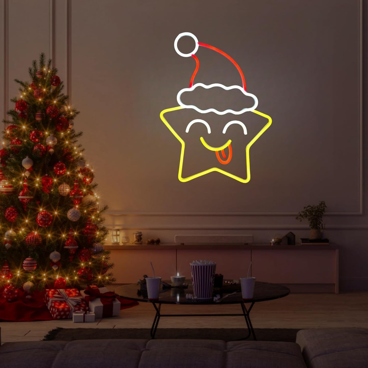 Festive Star & Christmas Hat LED Neon Sign for Wall Decor Falling Star Jump Led Lights for Gaming Room Kids Room Man Cave Bedroom Birthday Party