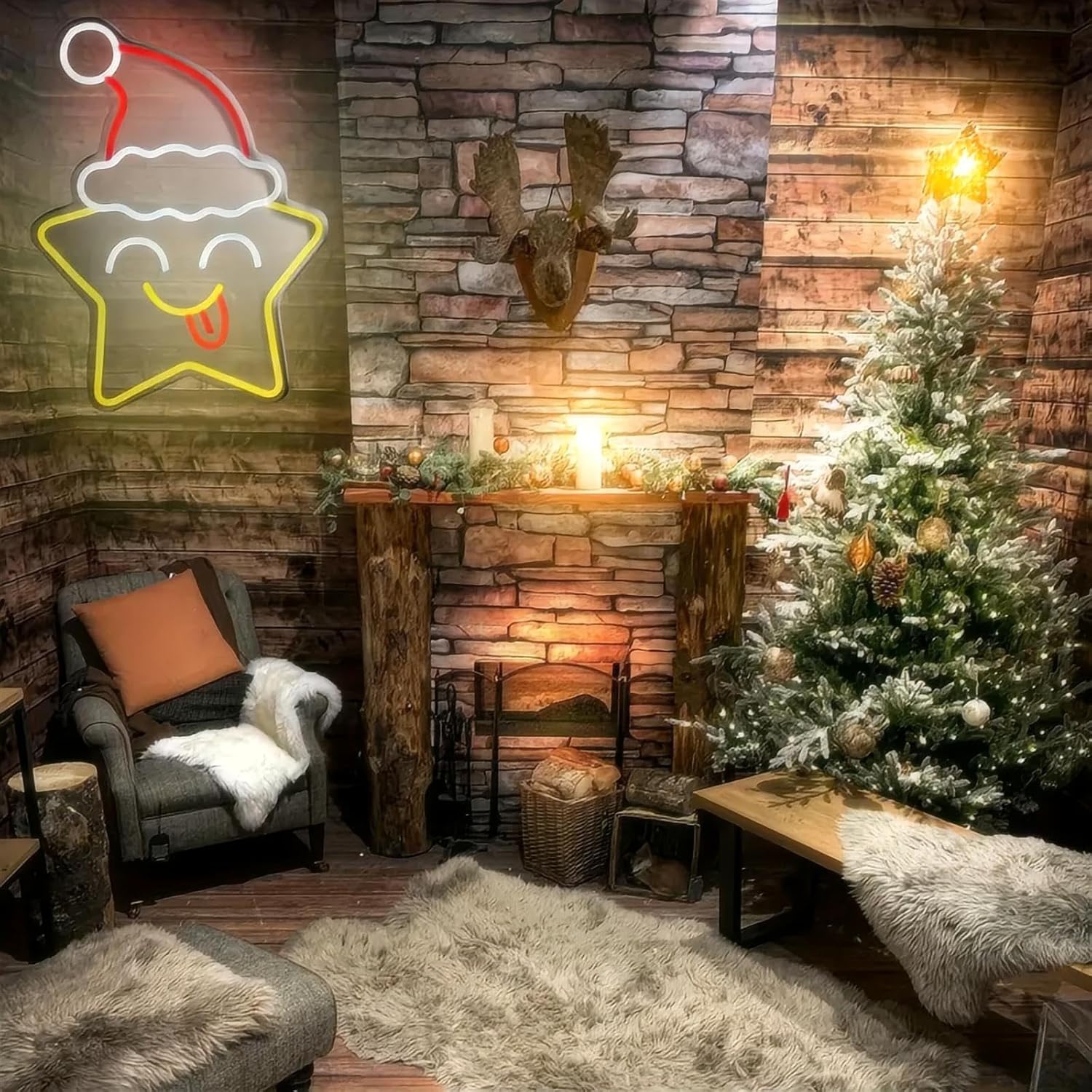 Festive Star & Christmas Hat LED Neon Sign for Wall Decor Falling Star Jump Led Lights for Gaming Room Kids Room Man Cave Bedroom Birthday Party