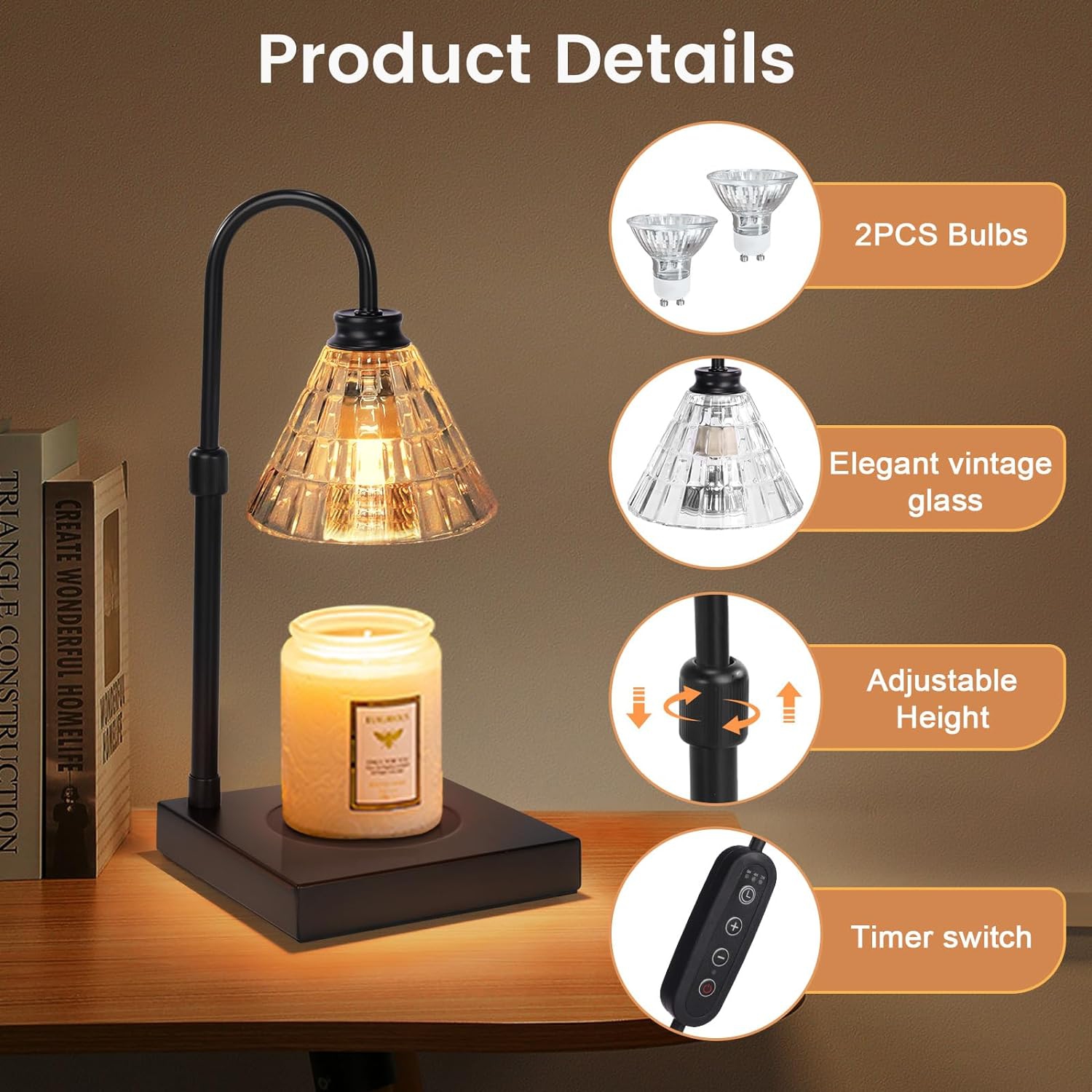 Lampe Chauffe-bougie électrique Jinlaili - Design Fleur De Cloche Dorée, Minuterie 2/4/8h, Gradation, 2 Ampoules | Alternative Sans Flamme Aux Bougies