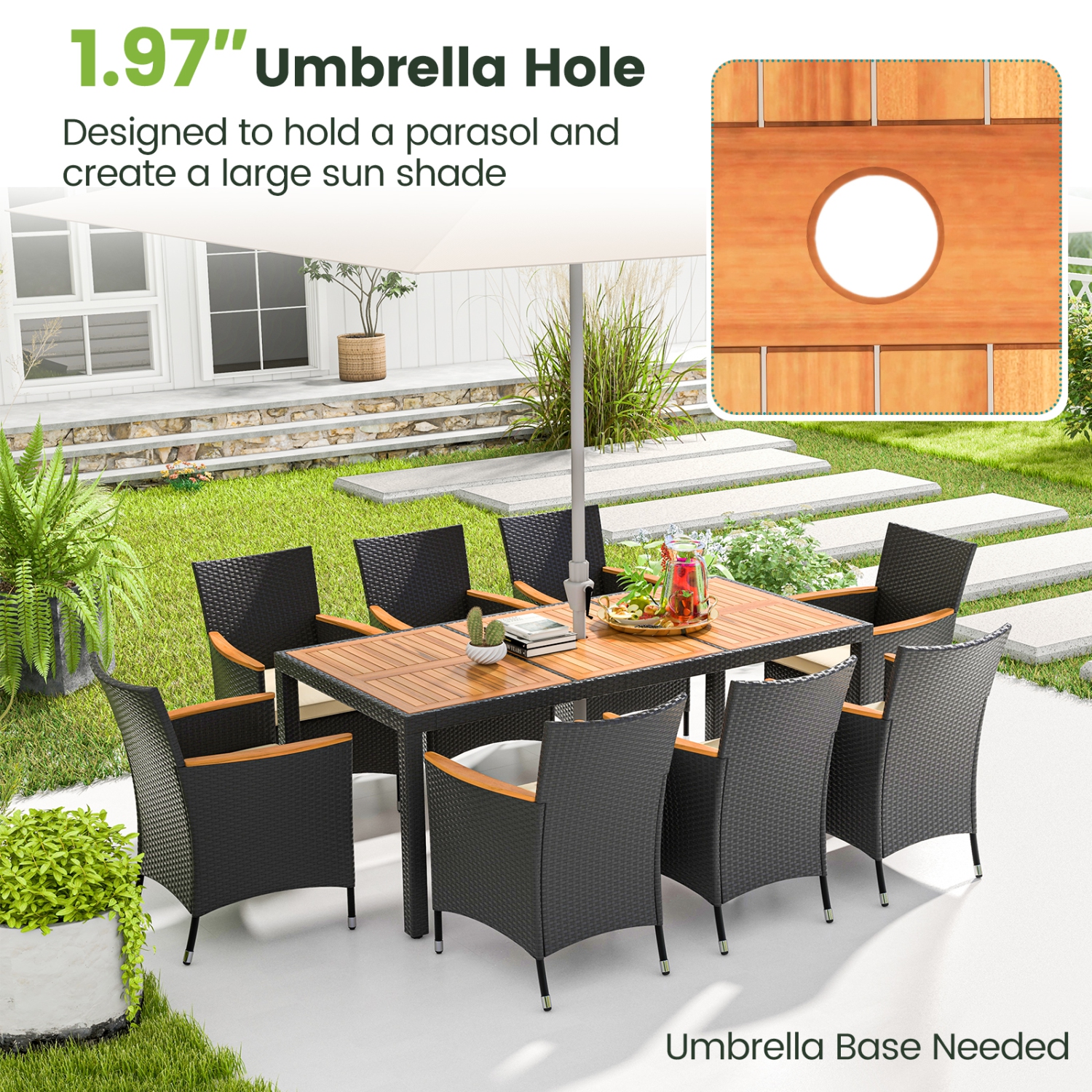 Costway 9 PCS Outdoor Dining Set with Acacia Wood Tabletop, Umbrella Hole, Seat Cushions