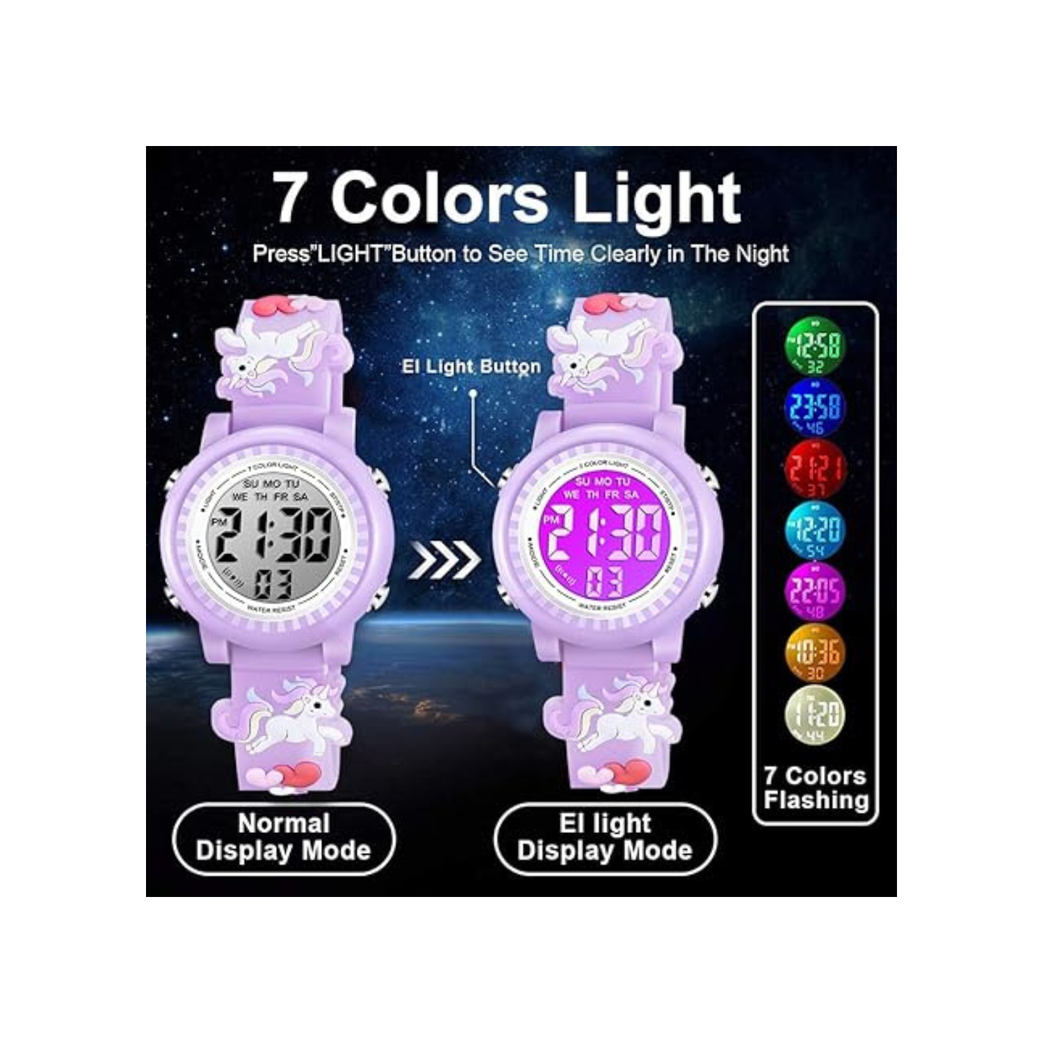 Kids Watches 3D Cartoon Waterproof 7 Color Lights Toddler Wrist Digital Watch with Alarm Stopwatch for 3-10 Year Girls Little Child