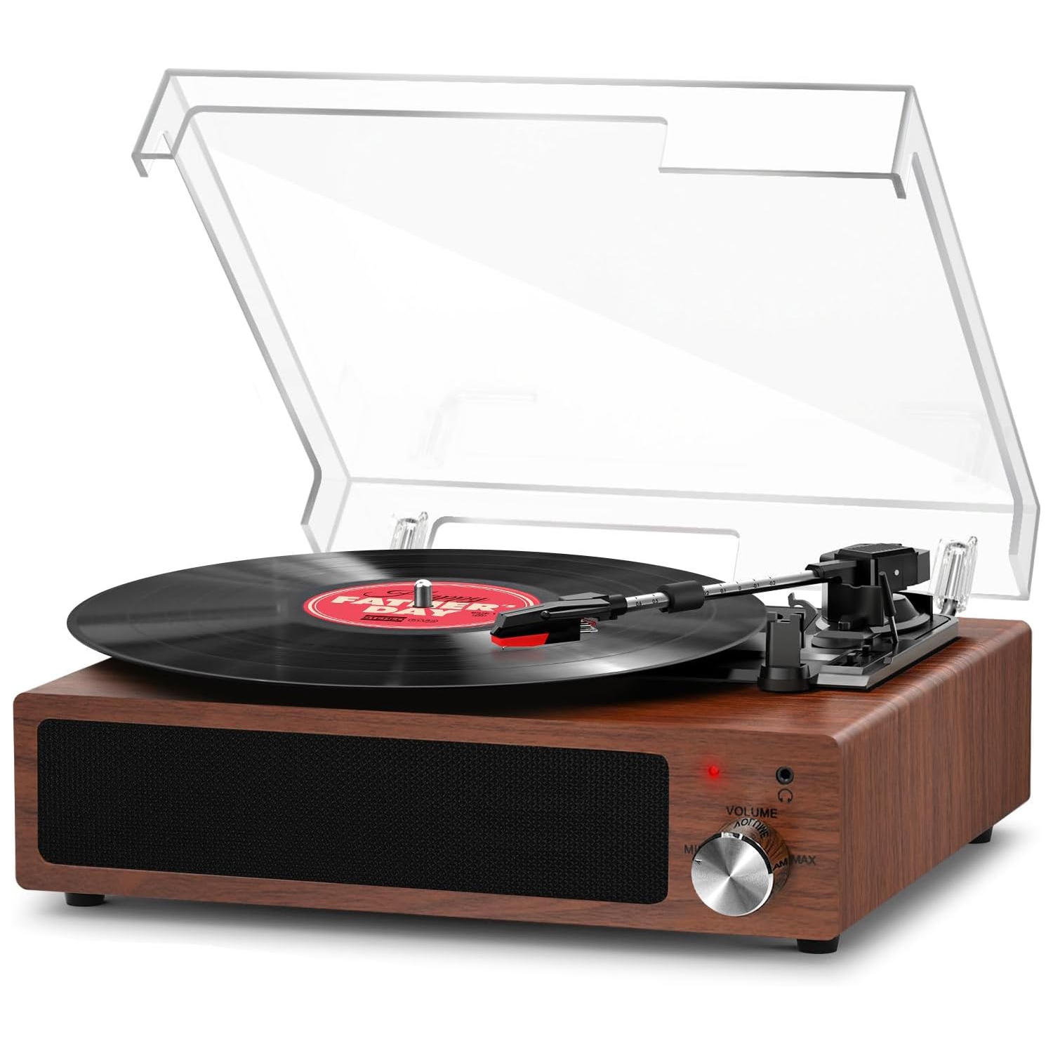 Bluetooth Vinyl Record Player, 3-Speed Turntable for 33/45/78 RPM with Built-in Stereo Speakers, Supports RCA, AUX, and 3.5mm Headphones, Classic Design in Walnut Finish.