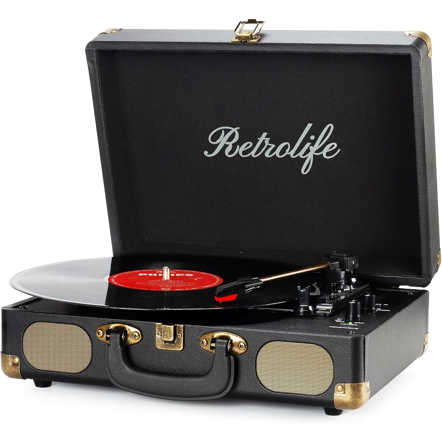 3-Speed Bluetooth Record Player, Portable Belt-Driven Vinyl Turntable with Built-in Speakers, RCA Line Out, AUX In, and Headphone Jack, Vintage Suitcase Design