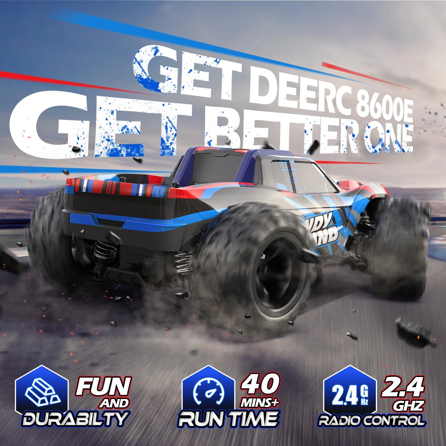 High-Speed RC Monster Truck, 2.4GHz All-Terrain Remote Control Car with Two Batteries for 40 Minutes of Play, Ideal Racing Toy Gift for Kids, Beginners, Boys, and Girls.