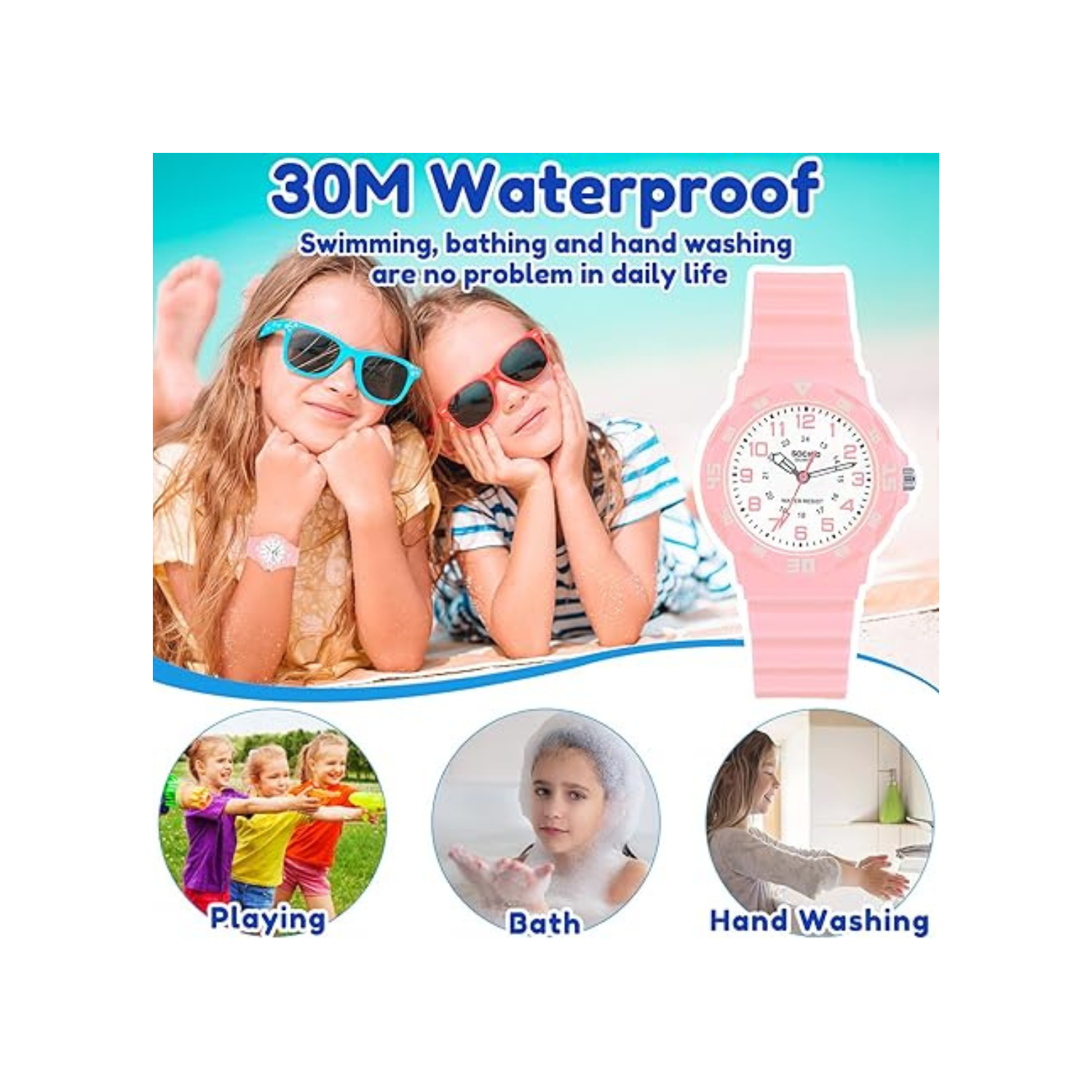 SOCICO Children Analog Watch Waterproof Time Teaching Easy to Read for Ages 4-12 Kids Boys Girls Watch Soft Band Wrist Watch Christmas Gift for Kids