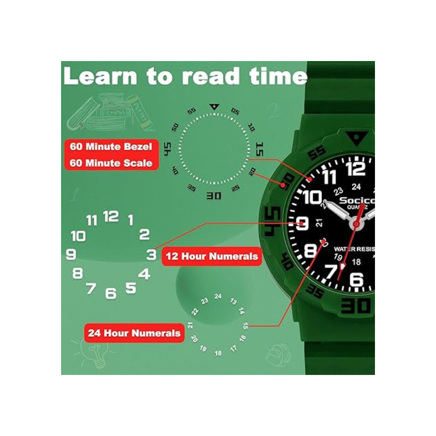 SOCICO Children Analog Watch Waterproof Time Teaching Easy to Read for Ages 4-12 Kids Boys Girls Watch Soft Band Wrist Watch Christmas Gift for Kids