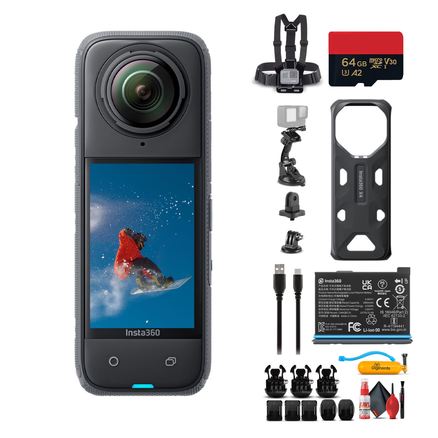 Insta360 X4 – Ensemble caméra d'action étanche 360 + trousse d'accessoires 50-en-1 + carte 64&nbsp;Go
