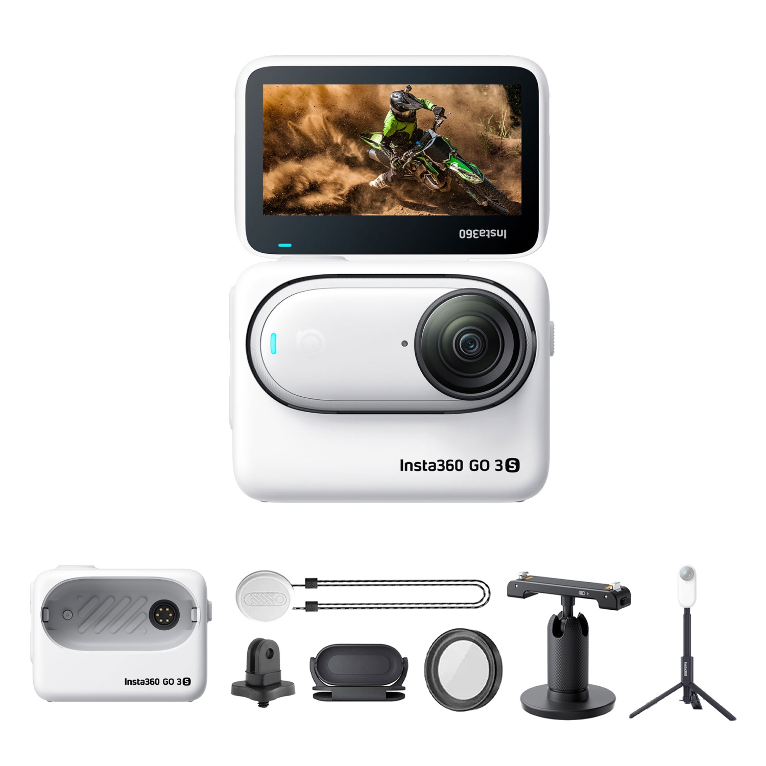 Insta360 GO 3S Small Action Camera + Selfie Stick + Tripod + Mount Adapter + More
