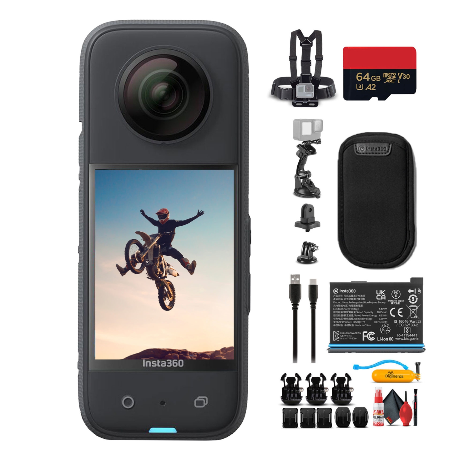 Insta360 X3 – Caméra étanche 360&nbsp;mm + trousse d'accessoires 50-en-1 + carte 64&nbsp;Go