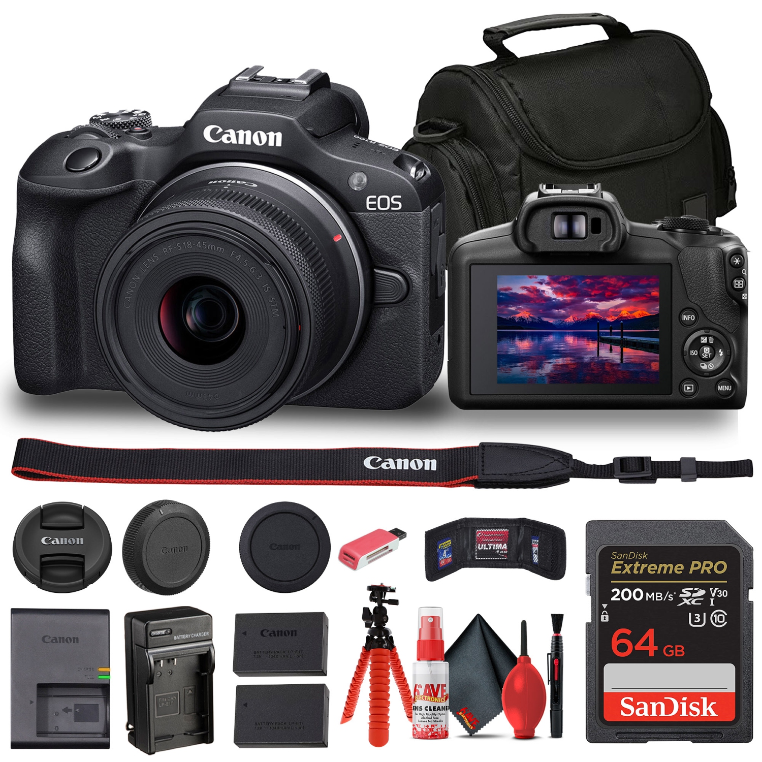 Open Box - Canon EOS R100 Mirrorless Camera with 18-45mm Lens + Bag + 64GB Card + LPE17 Battery + More
