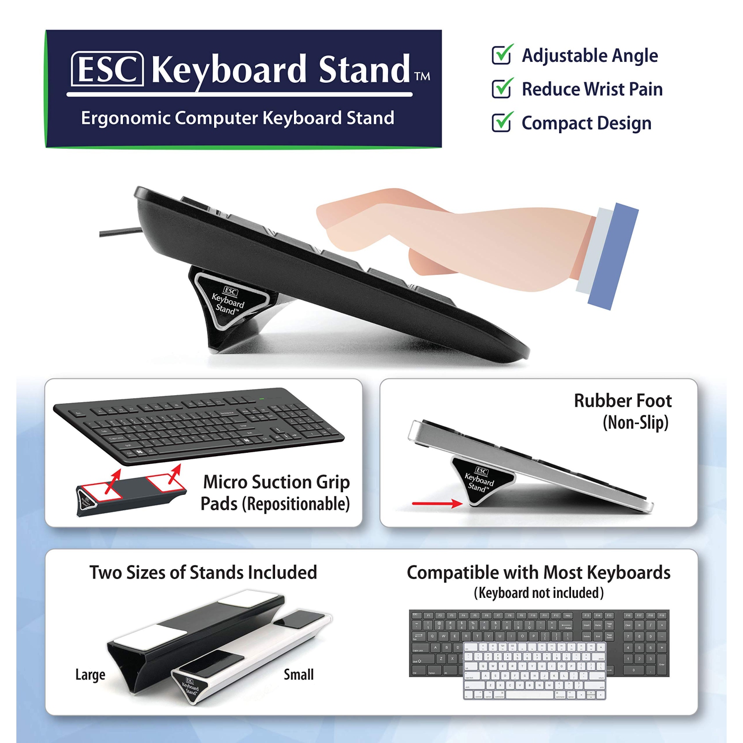 Computer Keyboard and Laptop Stand, Ergonomic Angles and Tilt, Two Sizes of Stands Included, Compatible with Flat-Back Keyboard Only