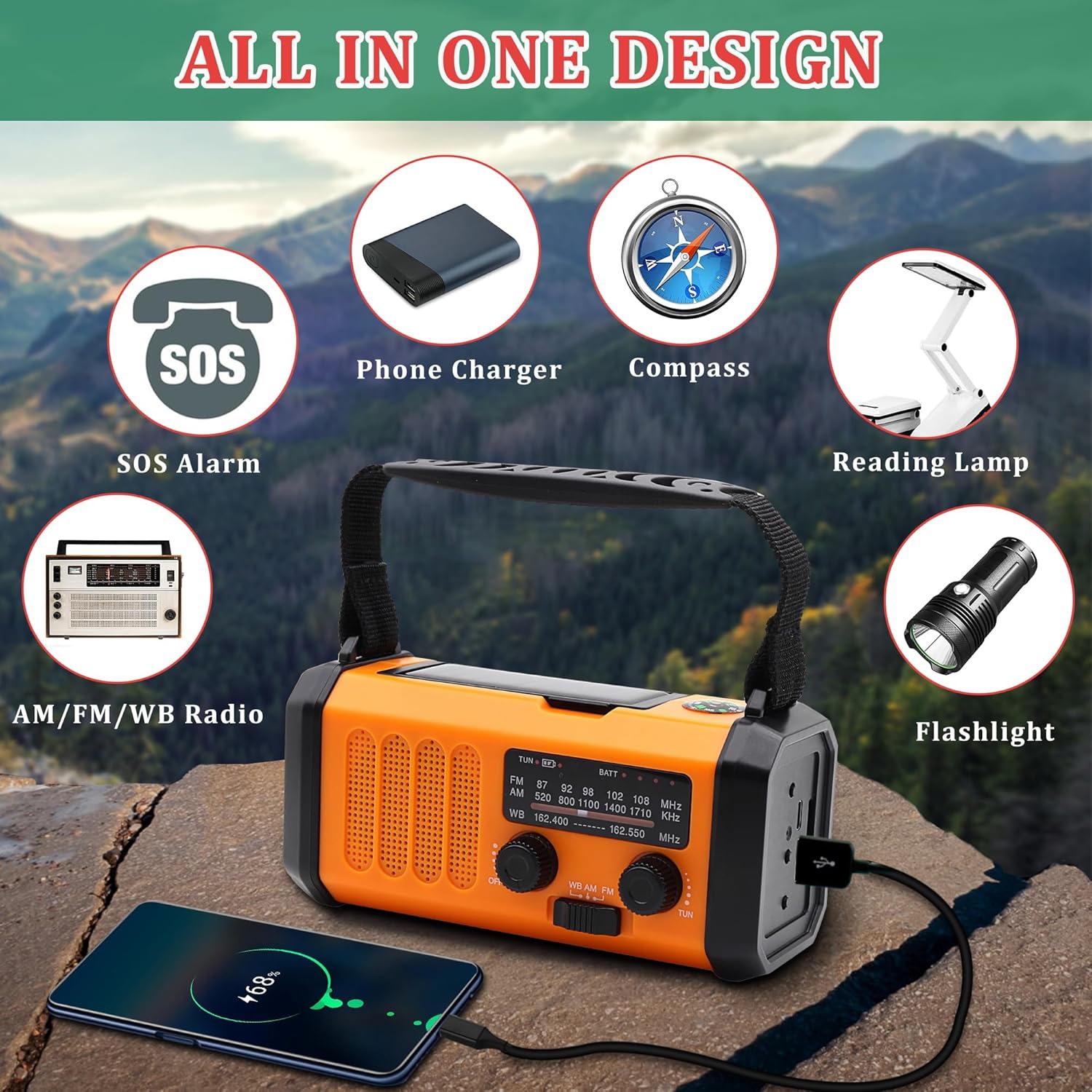 Emergency Hand Crank Weather Radio with 10000mAh Battery Backup,Type-C Charging Portable Solar AM FM NOAA Radio with USB Charger,Flashlight,Reading
