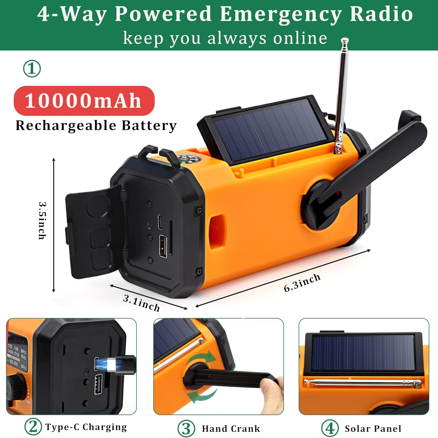 Emergency Hand Crank Weather Radio with 10000mAh Battery Backup,Type-C Charging Portable Solar AM FM NOAA Radio with USB Charger,Flashlight,Reading