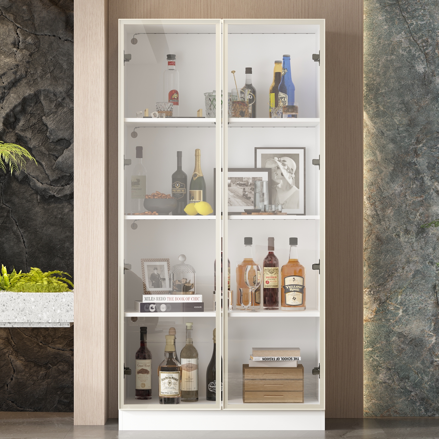Homsee Modern Display Cabinet with Glass Doors, Adjustable Shelves, and LED Lighting for Living Room or Kitchen White