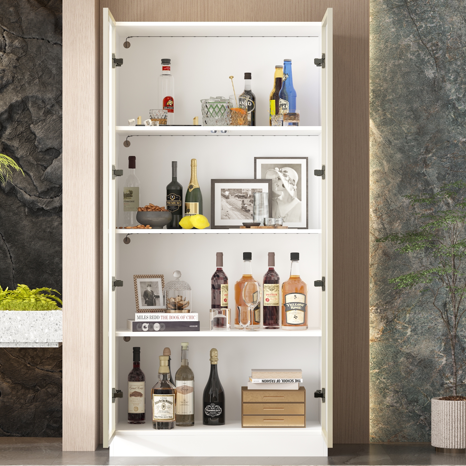 Homsee Modern Display Cabinet with Glass Doors, Adjustable Shelves, and LED Lighting for Living Room or Kitchen White